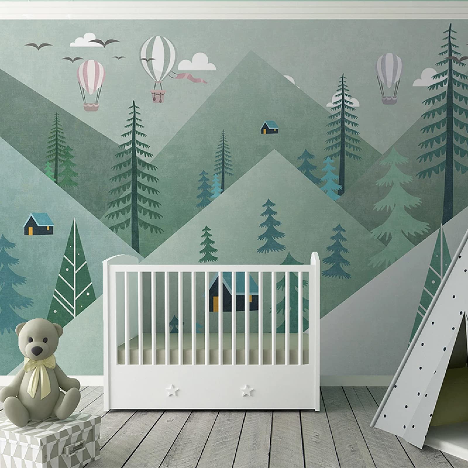 3D Cute Cartoon Geometric Mountain Forest Balloon Mural Wallpaper - 450x300cm Photo Wallpaper for Kids Bedroom & Nursery Decor | Perfect for Children's Room Background, Playroom, and Birthday Party Decoration