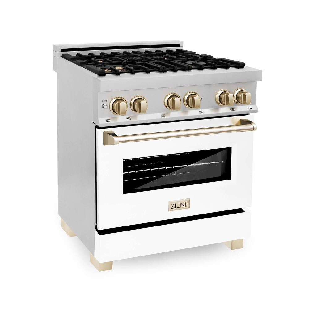 ZLINE Autograph Edition 30-inch Stainless Steel Dual Fuel Range with White Matte Door, Range Hood & Dishwasher - Polished Gold Accents (3AKP RAWMRHDWM30 G) | Premium Kitchen Package for Modern Homes & Gourmet Cooking