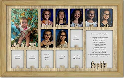 Personalized Northland School-Years Picture Frame - Holds Twelve 2.5x3.5 School Photos & Two 5x7 Graduation/Birthday Pictures - Unfinished Oak Frame - Custom Name Engraving - 12x20 Wall Decor - Perfect for School Memories, Graduation Gifts & Family Keepsakes