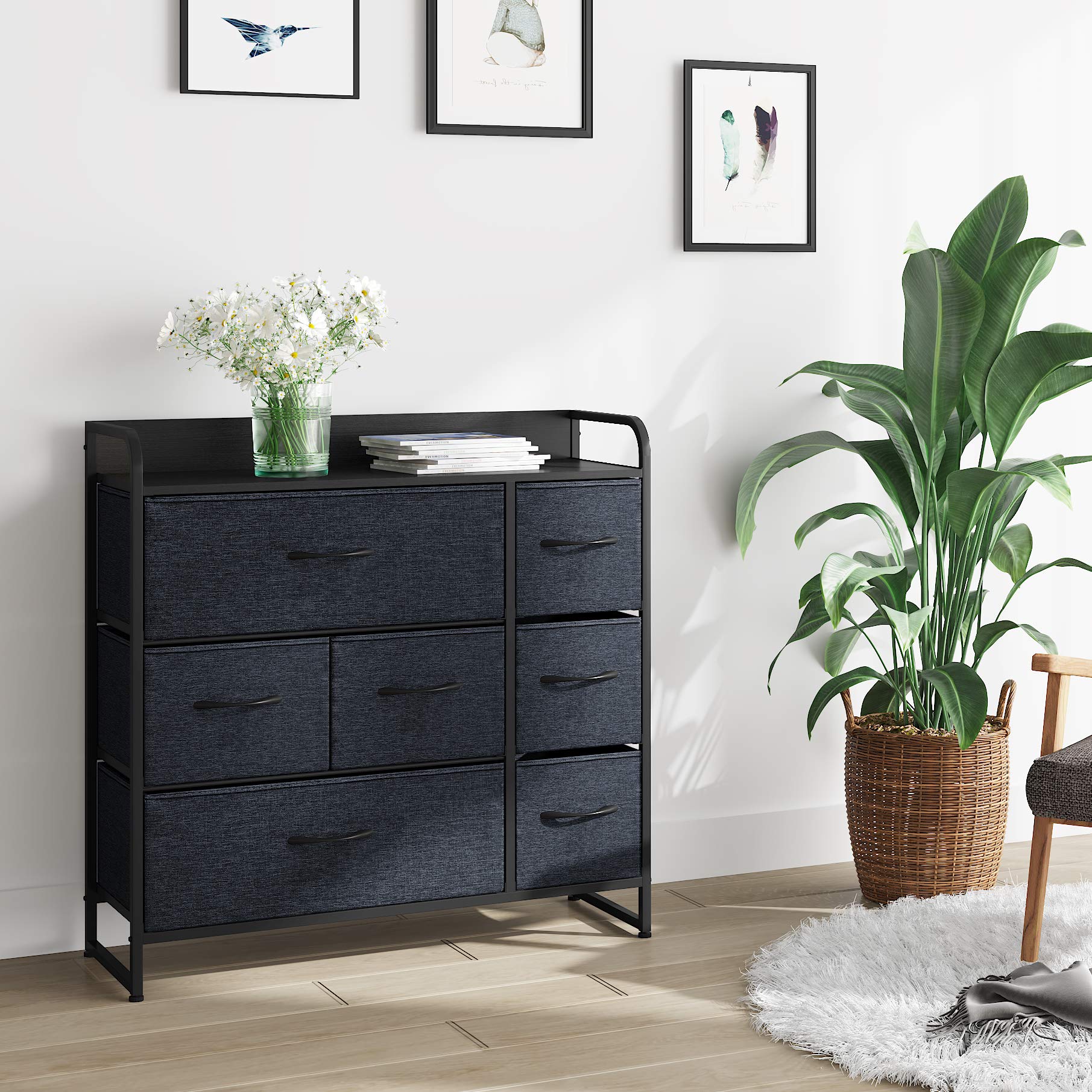 7-Drawer Dresser Organizer with Steel Frame & Wood Top - Easy Pull Fabric Bins Storage Chest for Bedroom, Living Room, Nursery | Space-Saving Closet & Entryway Solution in Dark Grey