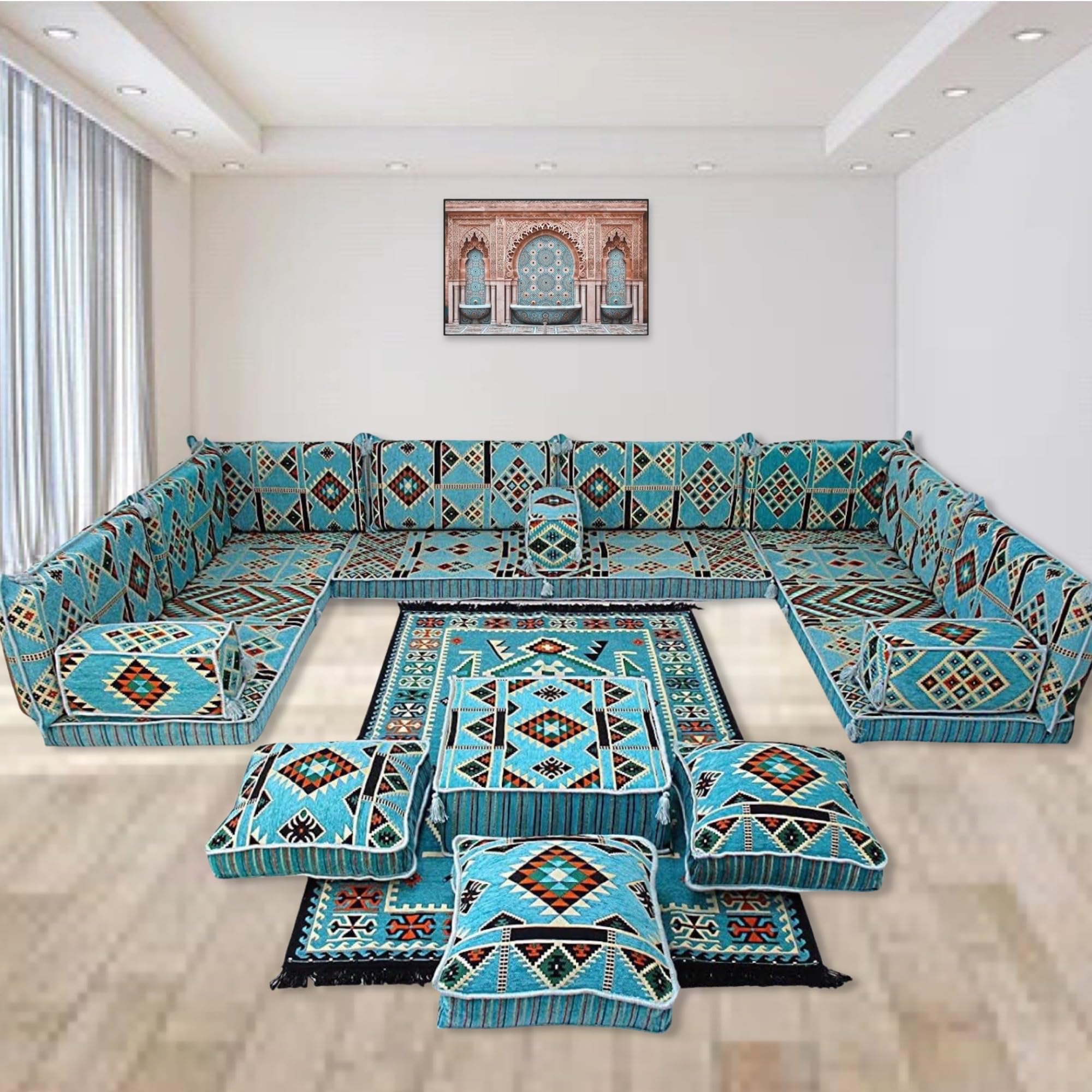Premium Arabic U-Shaped Living Room Furniture Set - Traditional Majlis Seating, Floor Cushions & Sofa for Home Decor | Perfect for Middle Eastern Style Lounges, Cultural Gatherings & Cozy Family Nights