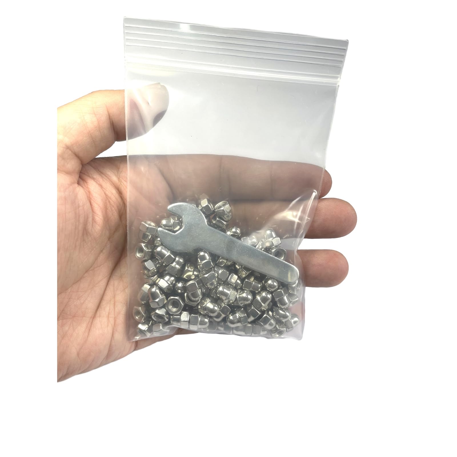 100pcs M4-0.7 Acorn Cap Nuts, 304 Stainless Steel Dome Head Hex Nuts with Bright Finish - 18-8 Grade Hardware Fasteners for Furniture, Automotive & DIY Projects - Includes Open End Wrench for Easy Installation