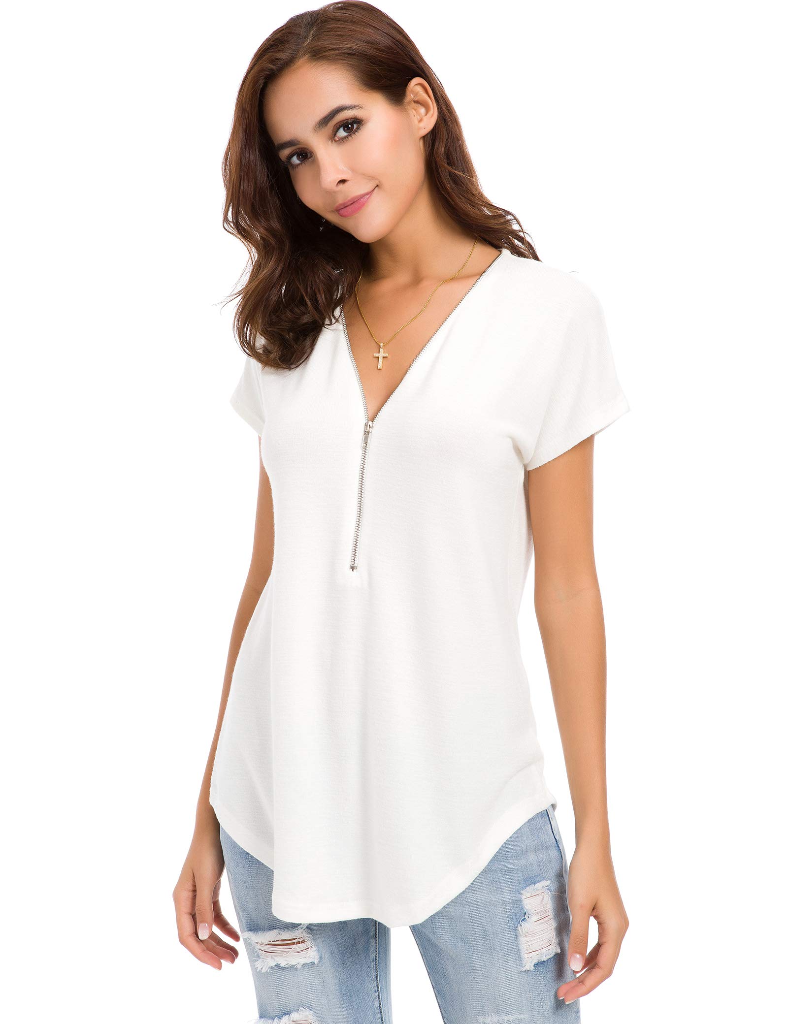 LUSMAY Women's Casual V-Neck Short Sleeve Tunic Top - Loose Fit Zipper T-Shirt Blouse for Everyday Wear, Work & Outings
