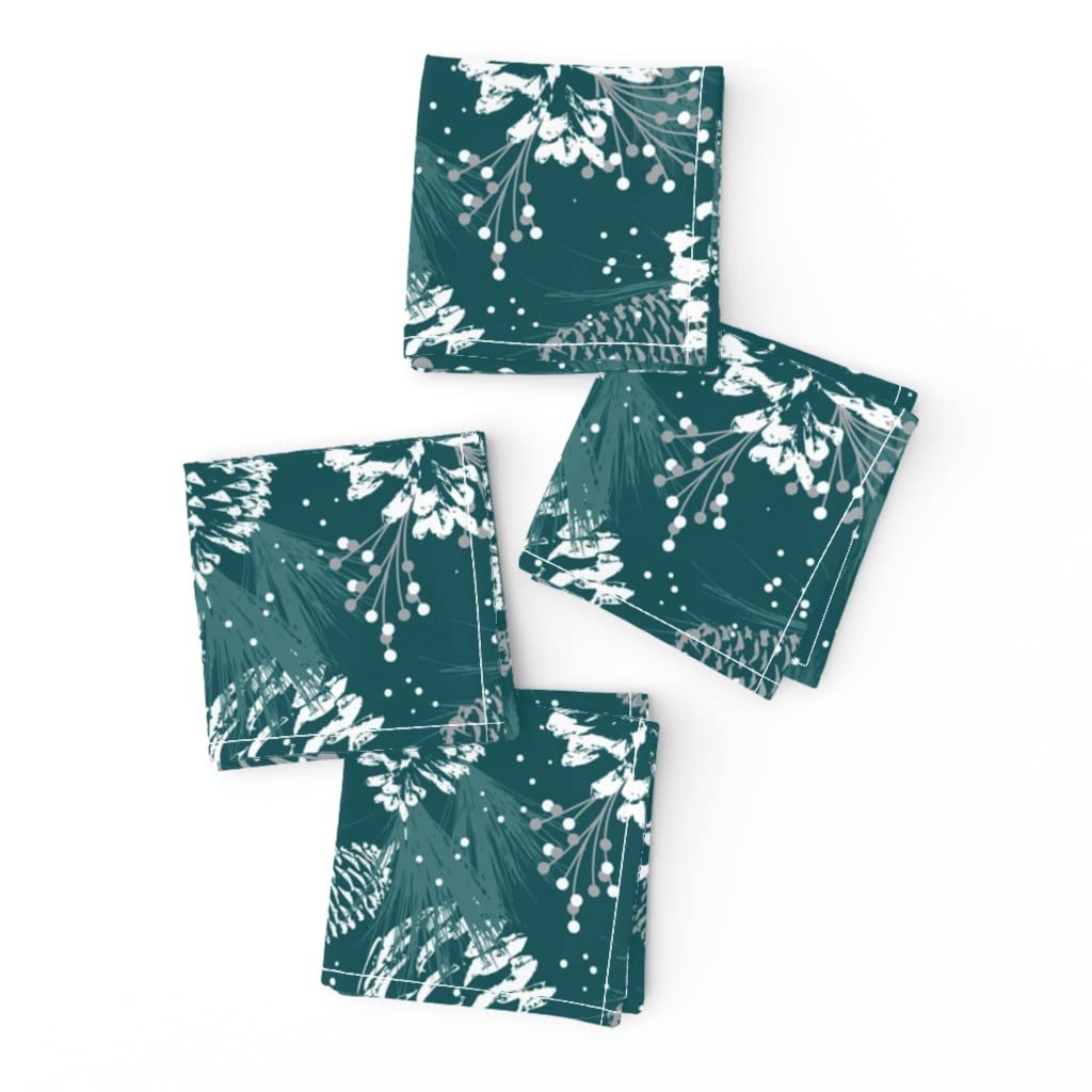 Festive Forest Teal Green Christmas Holiday Cocktail Napkins Set of 4 - Linen Cotton Canvas Seasonal Print for Winter Parties, Dinner Decor & Nature-Themed Gatherings
