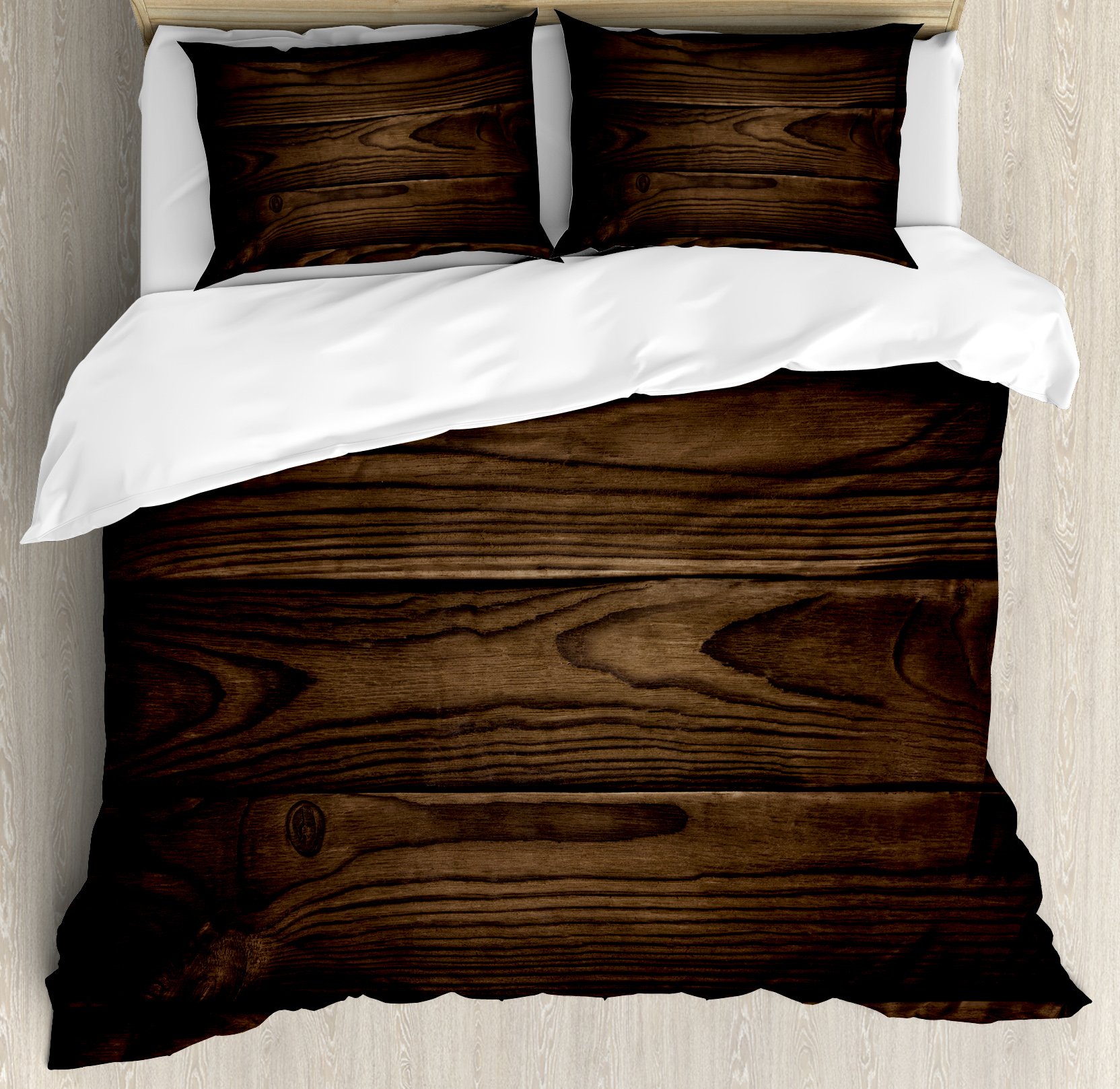 Vintage Rustic Hardwood Floor Design Chocolate Brown Duvet Cover Set - 3 Piece Queen Size Bedding with 2 Pillow Shams | Ambesonne Carpentry Themed Decor for Cozy Bedroom & Cabin Retreat