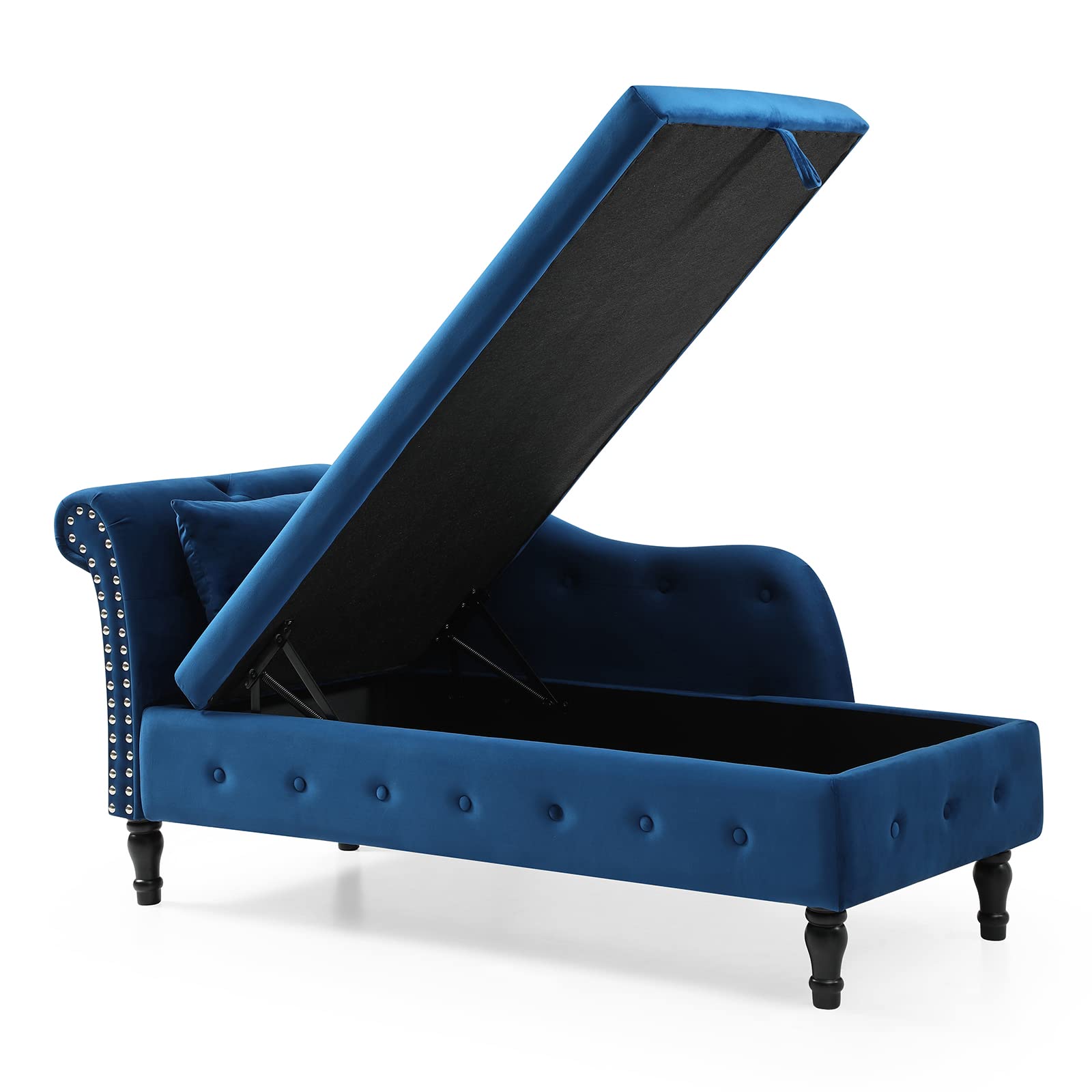 Velvet Chaise Lounge Chair with Storage & Pillow - Modern Upholstered Rolled Arm Sofa Bed with Nailhead Trim for Living Room, Bedroom & Office (Blue) | Perfect for Relaxing, Reading & Napping in Style