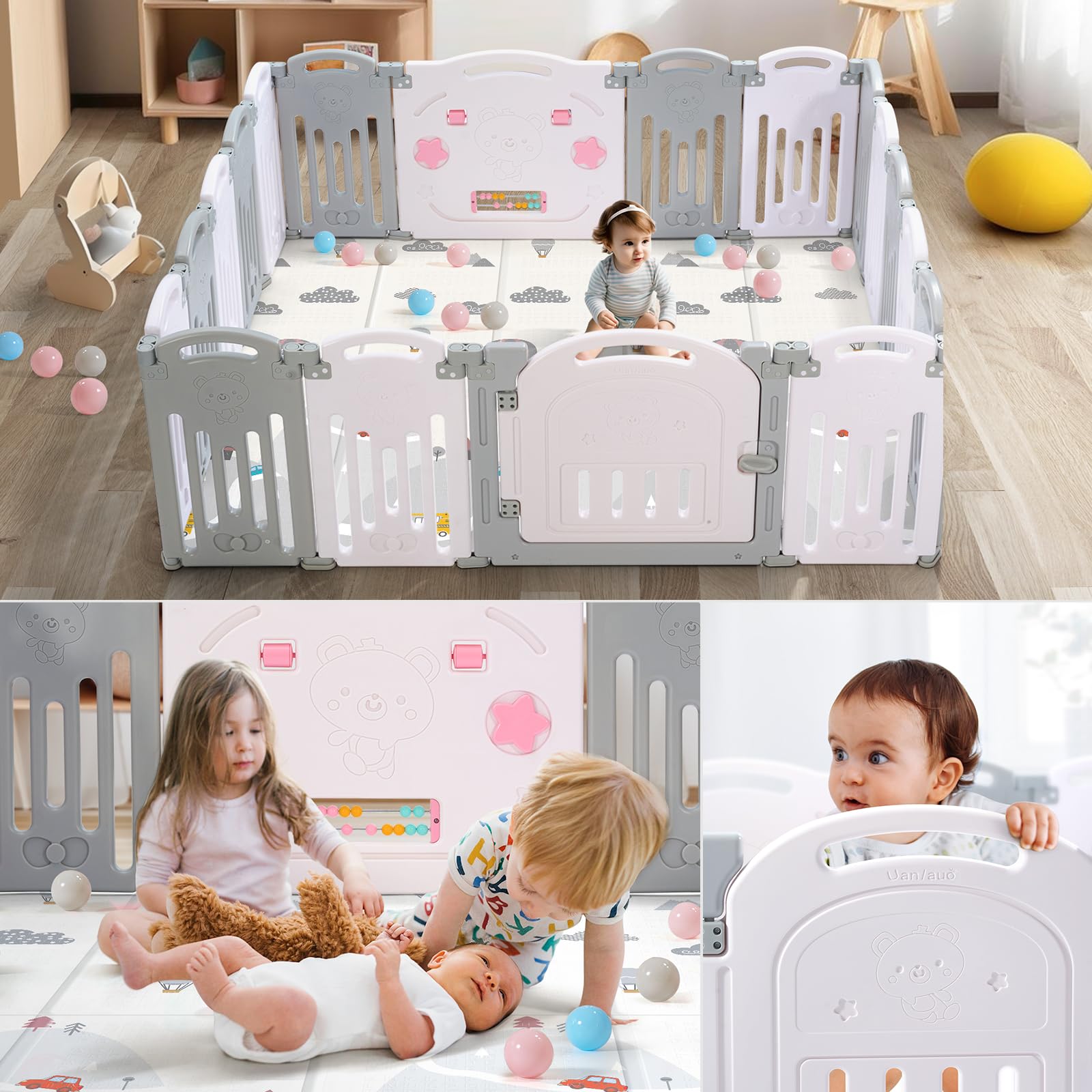 UANLAUO 18 Panel Foldable Baby Playpen - Adjustable Play Yard for Toddlers & Kids, Easy to Assemble Indoor/Outdoor Safety Gate (Grey+White) - Perfect for Playroom, Living Room, Backyard & Park