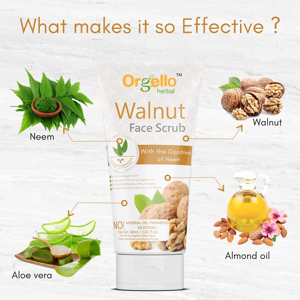 Orgello Herbal Walnut Scrub 60g (Pack of 2) - Natural Face & Body Exfoliator for Men & Women - SLS, Paraben & Mineral Oil Free - Ideal for Normal, Oily & Dry Skin - Perfect for Daily Skincare Routine & Spa Treatment at Home