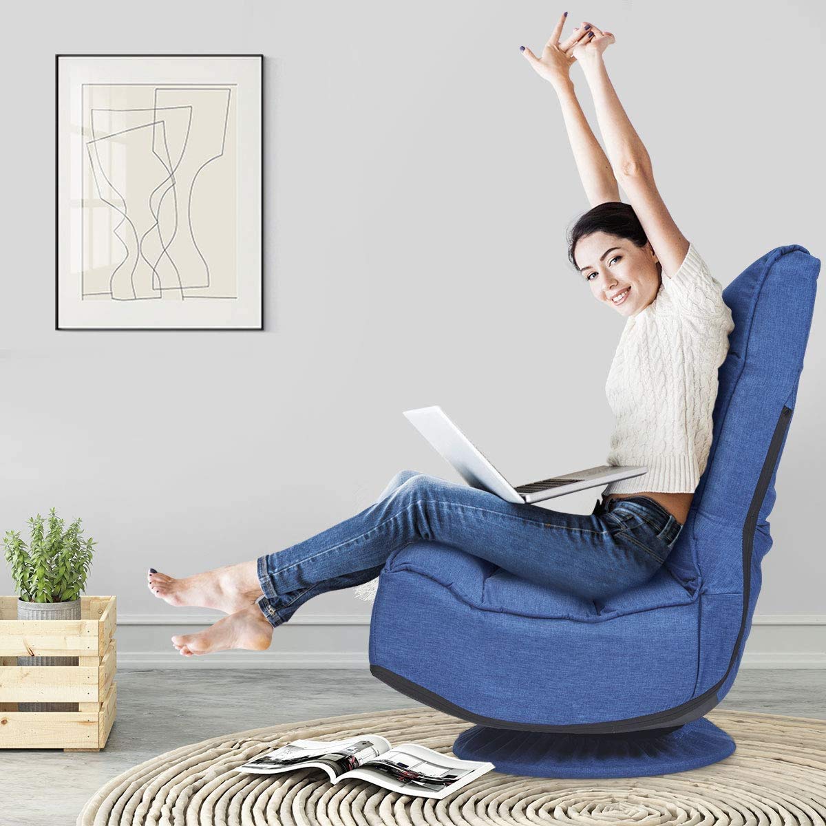 FANTASK 360 Degree Swivel Floor Chair - Adjustable Folding Floor Sofa with 5 Positions & Backrest - Ergonomic Lazy Lounge Chair for Reading, Gaming, TV Watching - Perfect for Living Room, Bedroom & Dorm (Navy Blue)