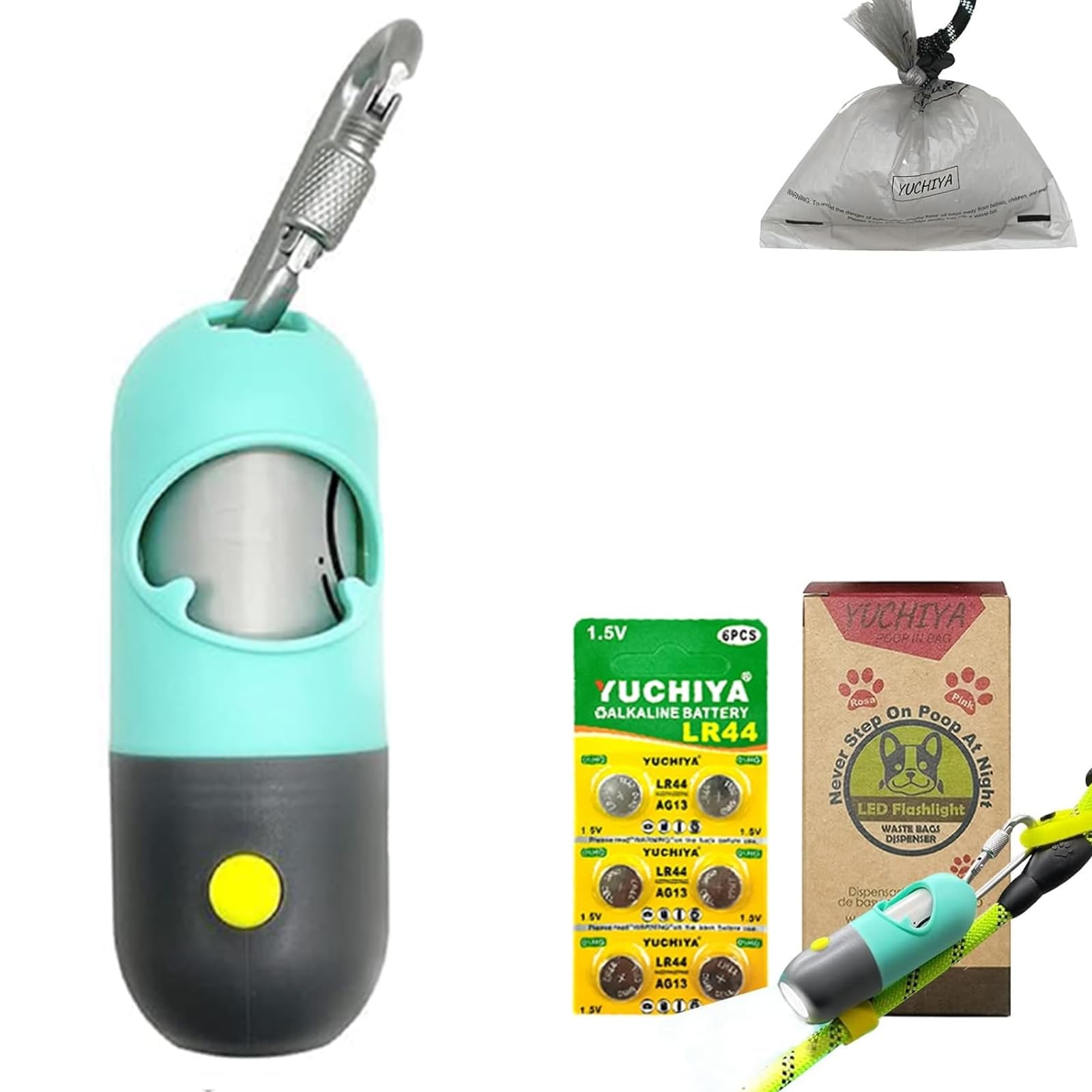 LED Flashlight Dog Poop Bags Holder - Leash Attachable Pet Waste Dispenser with 15 Leak-Proof Bags & Accessories (Mint Green) - Perfect for Night Walks, Park Visits & Outdoor Adventures