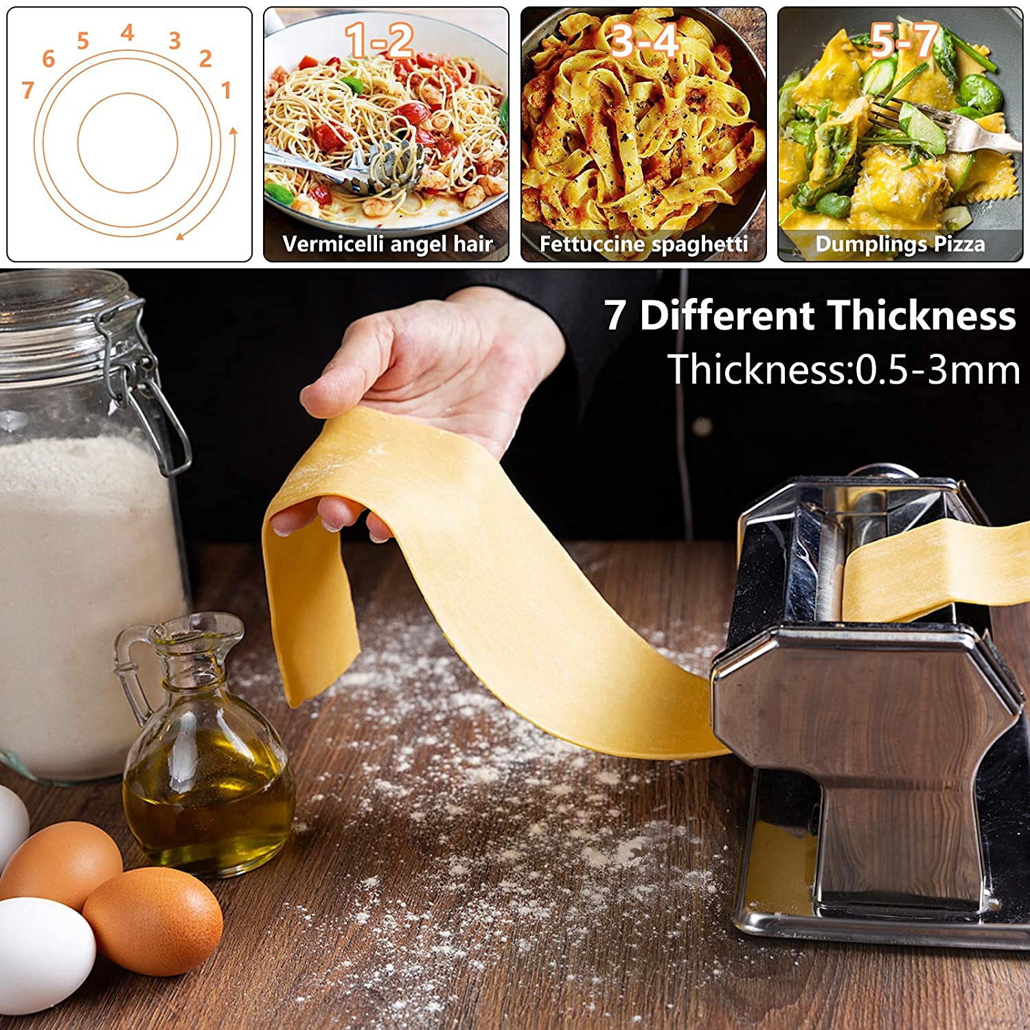 Devo Stainless Steel Manual Pasta Maker Machine - 7 Adjustable Thickness Settings for Homemade Spaghetti, Fettuccine & Lasagna | Perfect for Italian Cuisine, Family Cooking & Restaurant Use