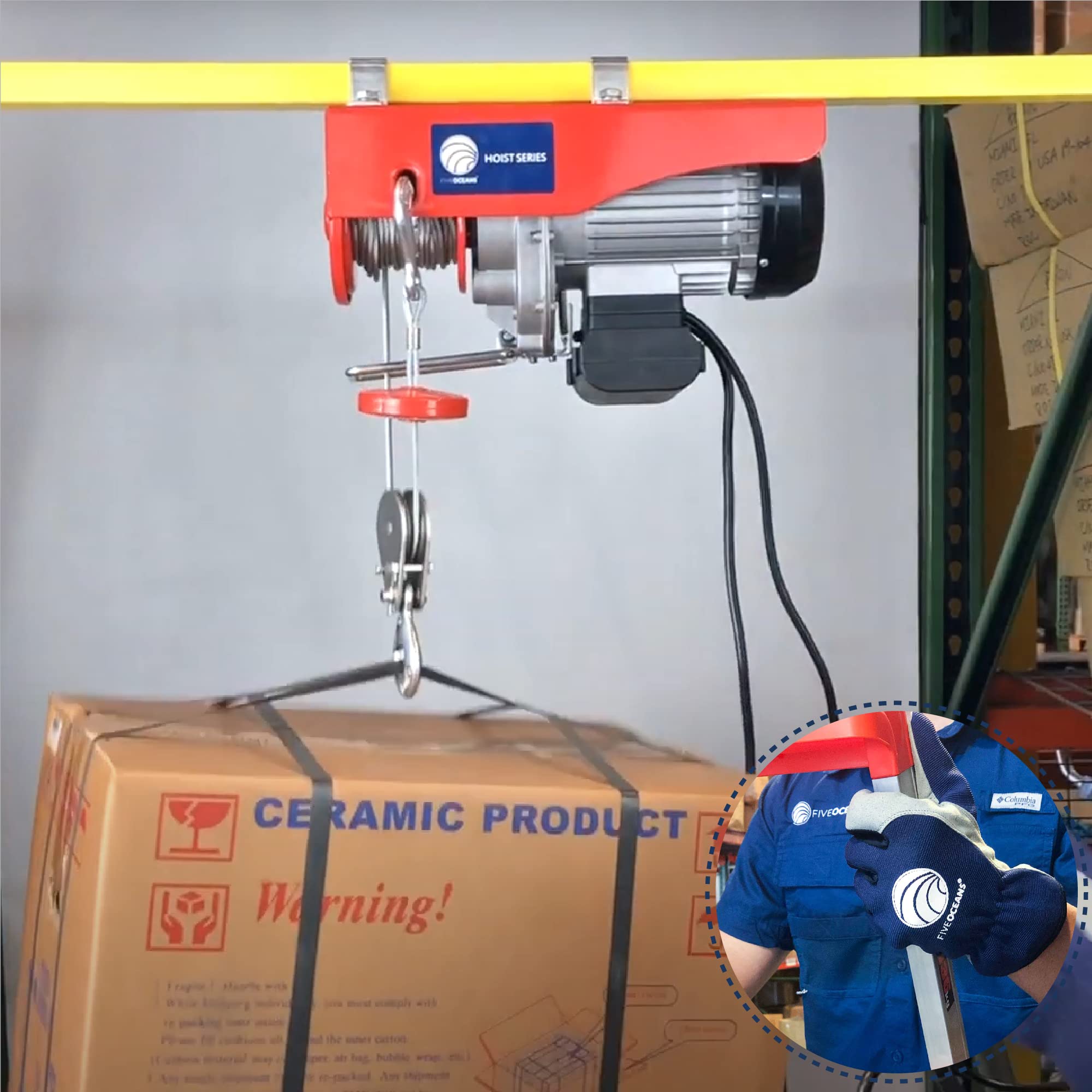 Five Oceans FO4016-C1 1320 Lbs Electric Overhead Hoist Lift Crane - Heavy Duty Garage Ceiling Pulley Winch with Zinc-Plated Steel Wire & 20FT Remote Control - Includes Working Gloves for Safe Lifting - Perfect for Garage, Workshop, and Industrial Use