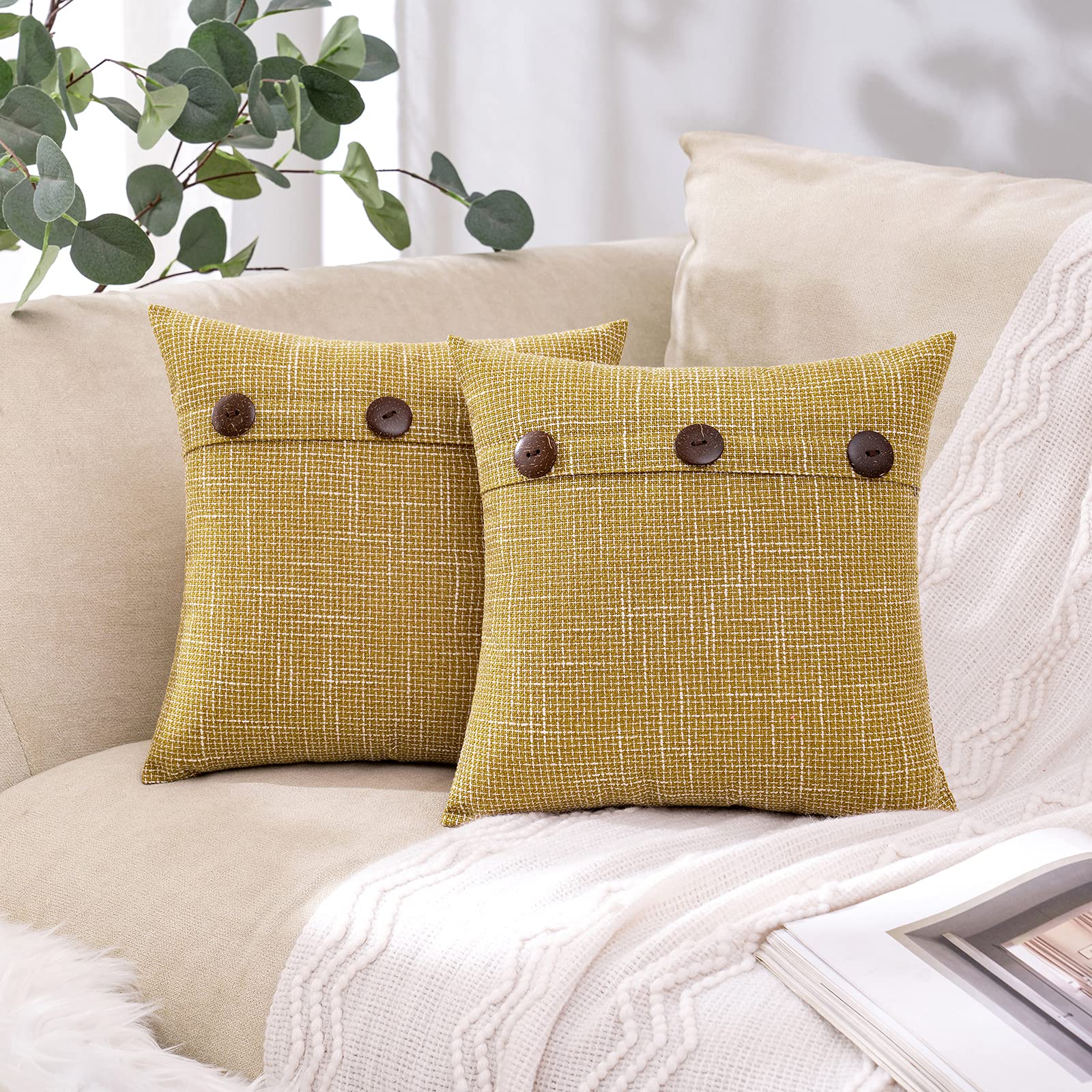 MIULEE Set of 2 Vintage Farmhouse Linen Throw Pillow Covers - 14x14 Inch Yellow Decorative Cushion Cases with Triple Button Closure for Sofa, Couch & Bed - Perfect for Living Room, Bedroom & Home Decor