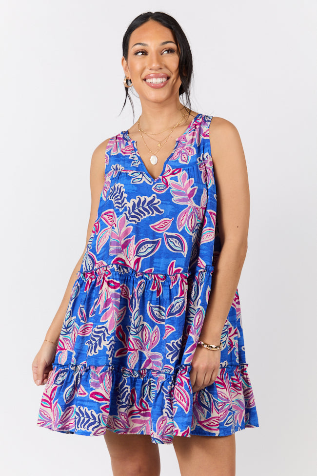 Loose Fit Blue Floral Print Tank Shirt Dress for Women - Summer Beach Cover Up, Casual Outfit & Boho Style Dress