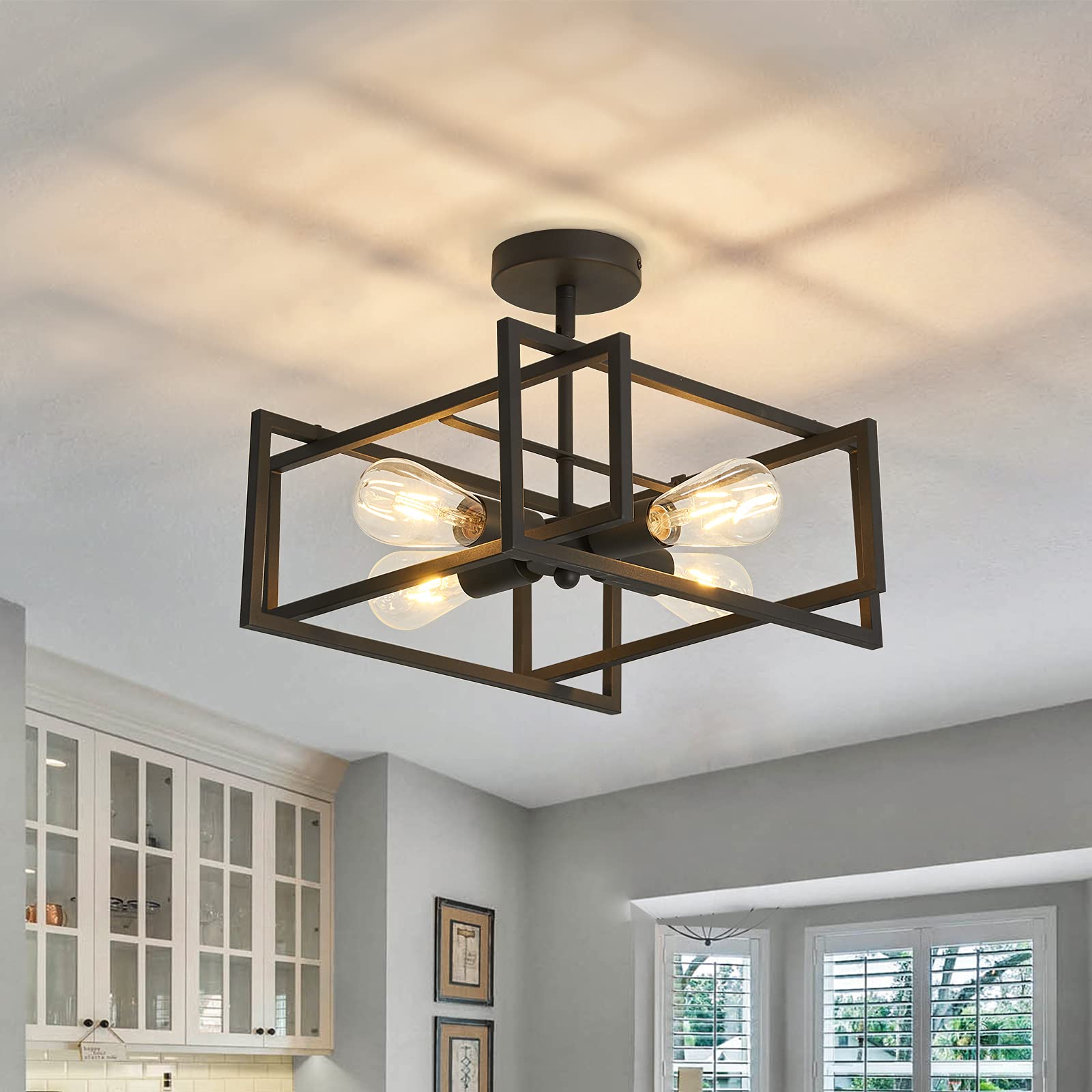 ZGLAOJT 4-Lights Black Industrial Flush Mount Ceiling Light Fixture - Farmhouse Chandelier Lighting for Kitchen, Island, Dining Room, Bedroom, Foyer & Hallway - Perfect for Modern Farmhouse, Industrial & Vintage Home Decor