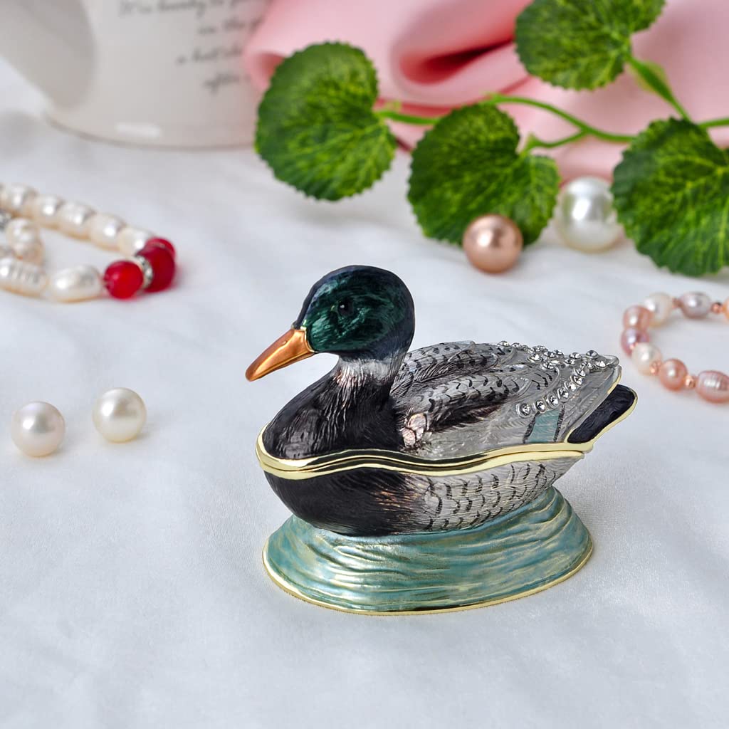 Golden Crystal Enameled Mallard Duck Jewelry Box - Hand-Painted Hinged Bird Trinket Box for Home Décor, Unique Gift for Bird Lovers | Perfect for Jewelry Storage, Display Shelf & Wedding Gift