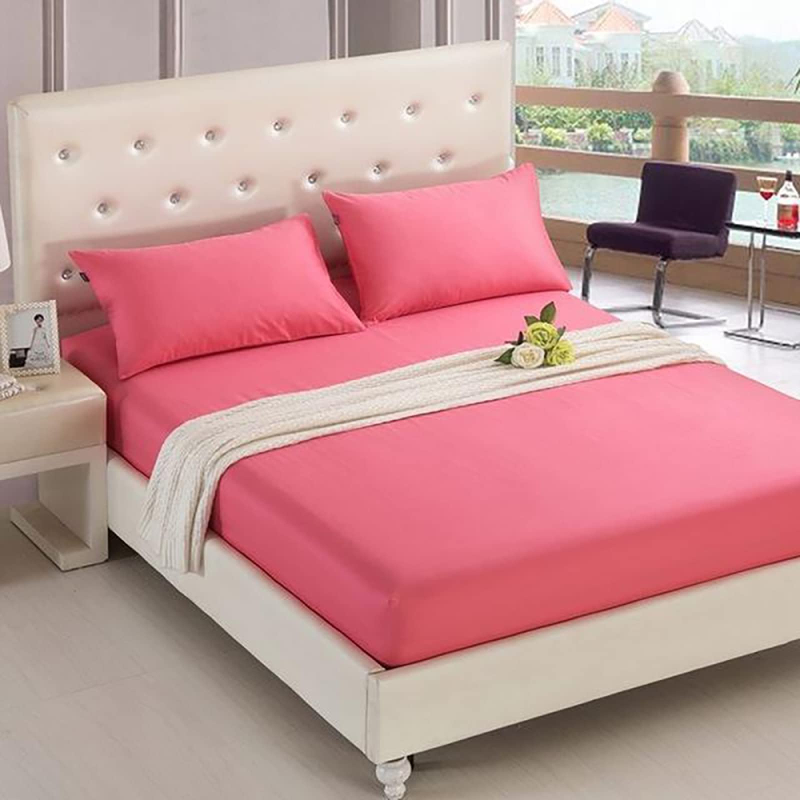 Premium ANJENLY Solid Fitted Bed Sheet - 100% Cotton Blend, Wrinkle-Resistant & Breathable - Full/Queen/King Size - Modern Minimalist Bedding (No Pillowcase) - Perfect for Guest Rooms, Dorms & Master Bedrooms