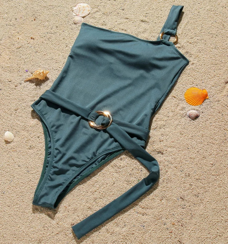 Sexy One Shoulder Monokini Swimsuit with Belted Design & Solid Ring Decor - Ribbed Fabric Bathing Suit for Women | Perfect for Beach Vacations, Pool Parties & Summer Getaways