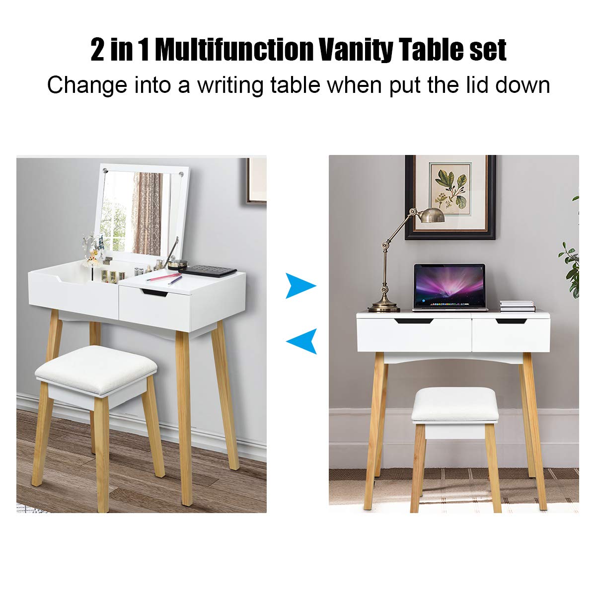 Charmaid White Wooden Vanity Table with Flip Top Mirror & Stool - Makeup Dressing Desk with Drawer & Storage Compartment - Bedroom Writing Vanity Set for Women, Girls & Kids - Easy Assembly - Perfect for Makeup, Dressing & Study Space