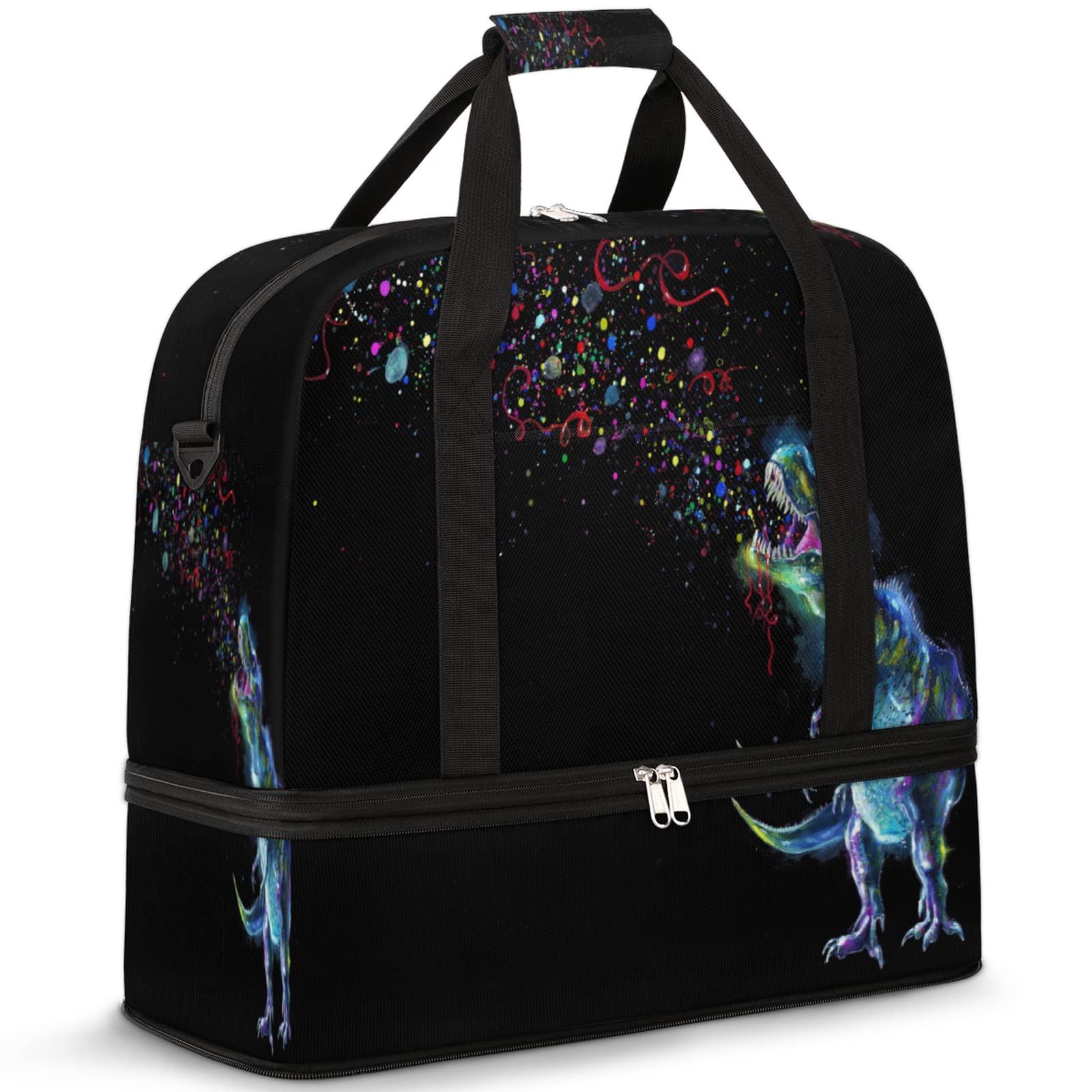 Glowing Dinosaur Rex Rainbow Sparkles Foldable Travel Duffel Bag - Light Up Dinosaur Print Gym Bag for Men & Women with Shoe Compartment & Shoulder Strap - Perfect for Gym, Travel, Sports & Overnight Trips
