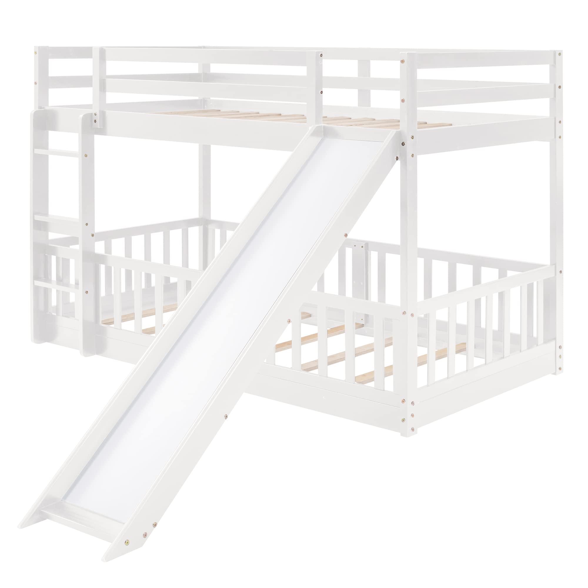 Twin Over Twin Bunk Bed with Slide & Ladder - Wooden Low Loft Bed Frame for Kids, Toddlers, Boys & Girls - Perfect for Small Bedrooms, Playrooms & Sleepovers - White