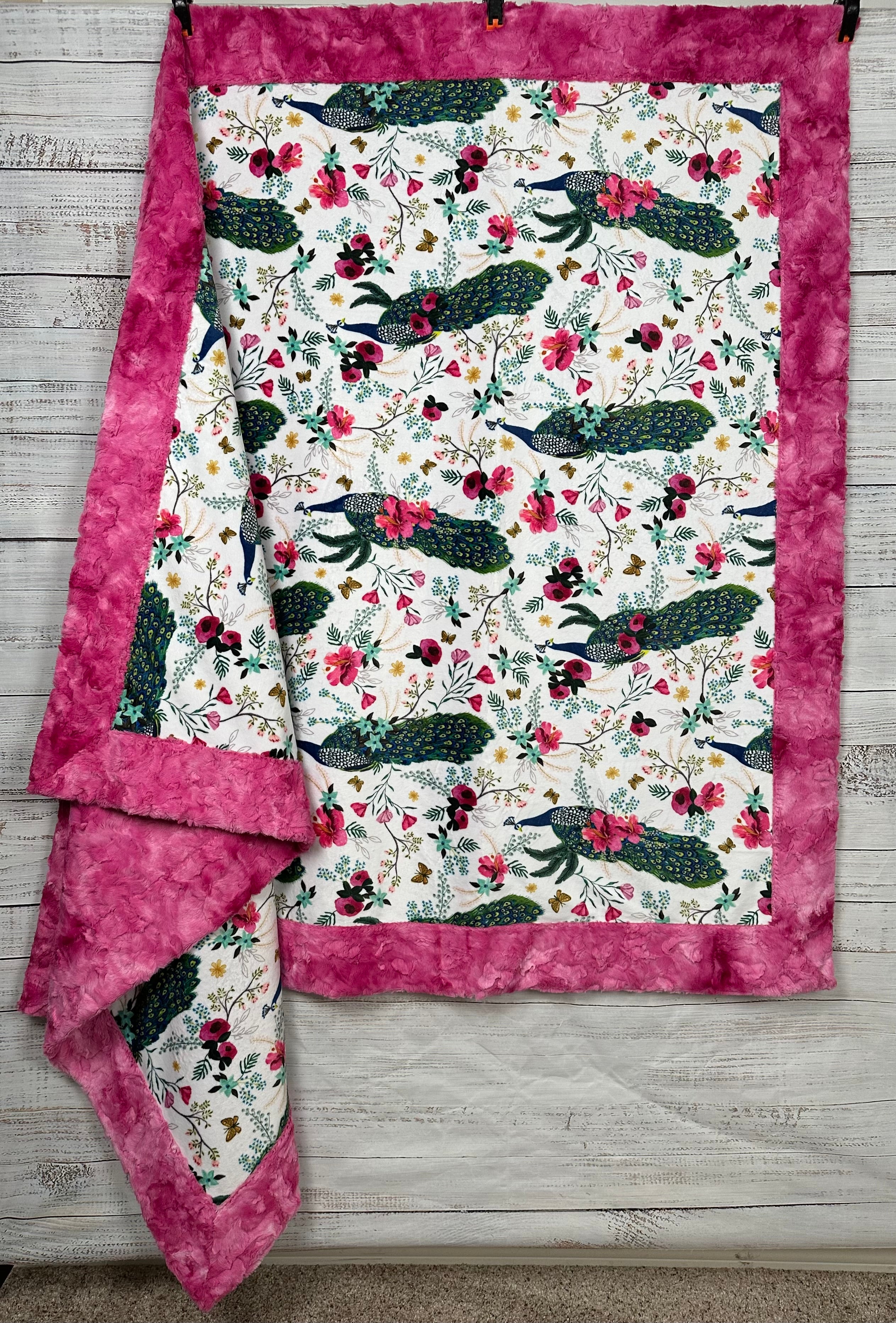 Plush Peacock Floral Fuchsia Marble Print Minky Blanket for Adults - 55x79 Inches - Soft Cozy Throw for Bed, Sofa & Home Decor