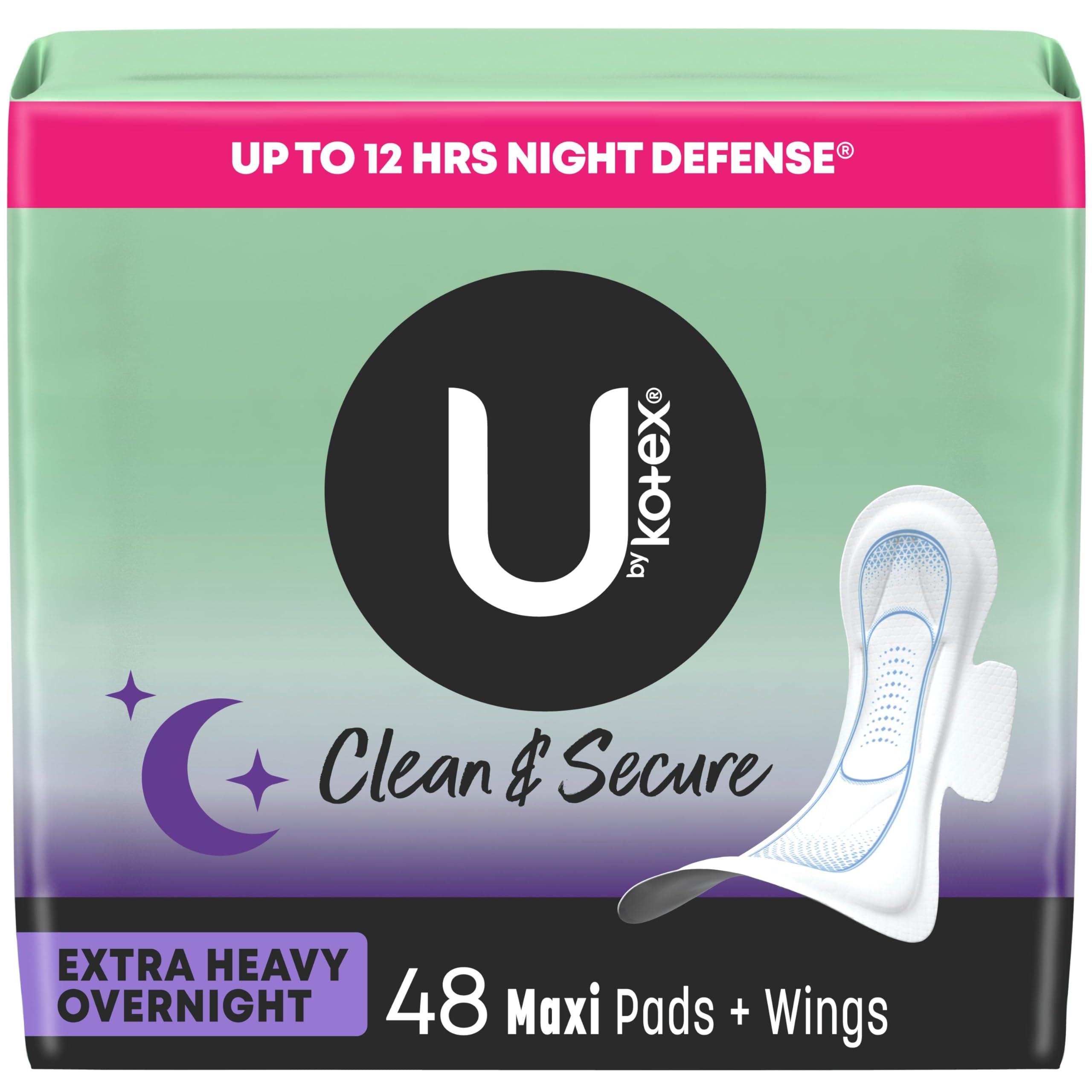 U by Kotex Clean & Secure Overnight Maxi Pads with Wings - Extra Heavy Absorbency for Maximum Protection, 48 Count (2 Packs of 24) | Ideal for Overnight Use, Heavy Flow Days & Postpartum Care | Packaging May Vary