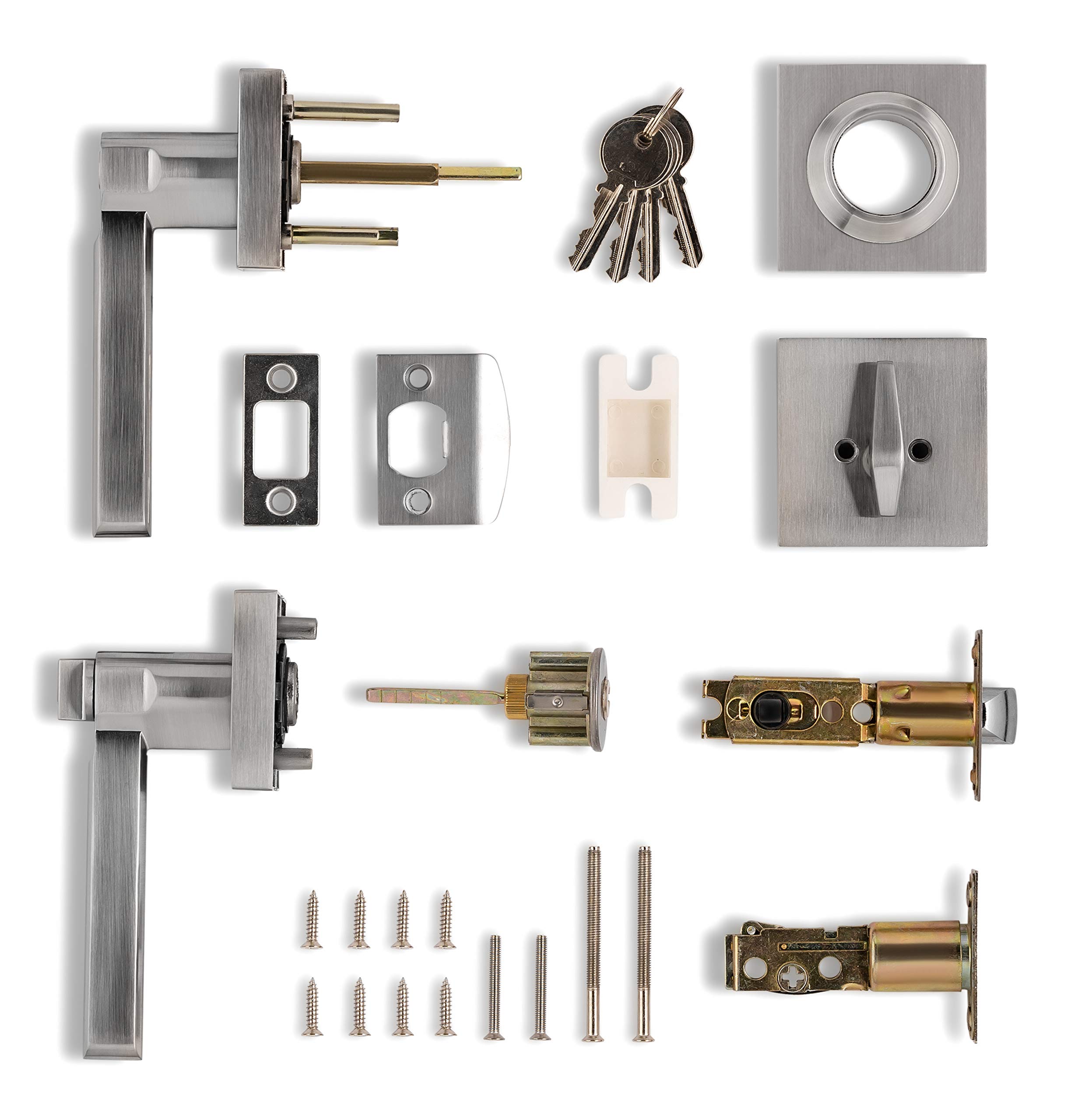 Berlin Modisch Modern Square Entry Lever Door Handle with Single Cylinder Deadbolt Lock Set - Heavy Duty Satin Nickel Finish for Front Doors, Office & Interior Doors (Right/Left Handed) - Secure & Stylish Home & Business Access Solution