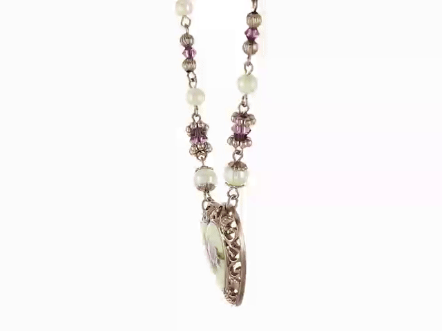 Vintage 1928 Jewelry Manor House Rose Faux Pearl Purple Flower Heart Pendant Necklace - 15