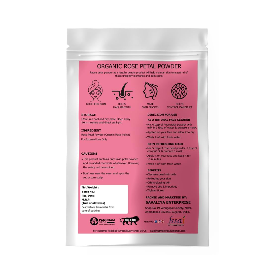 Organic Pure Rose Petal Powder for Skin, Face & Hair Care - 200g | Natural Body Scrub, Face Mask & Hair Treatment | PANCHAMVEDA