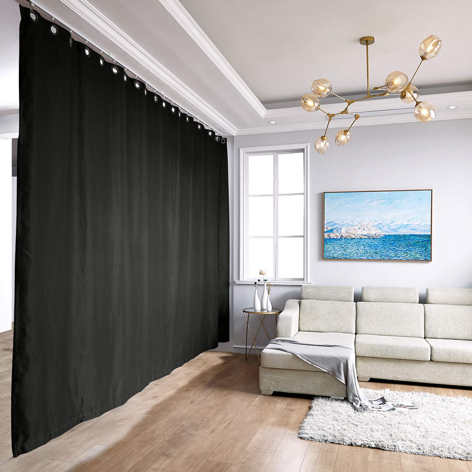TWOPAGES Heavy Duty Blackout Room Divider Curtain Kit - 15ft Wide x 8ft Tall Ceiling Track System with Grommet Panels for Bedroom, Living Room & Office Privacy (Black, 1 Panel) - Perfect for Partitioning Spaces, Light Blocking & Noise Reduction