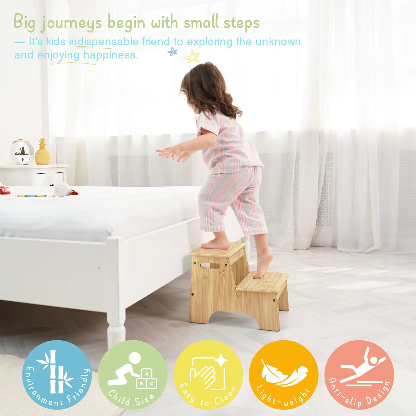Forbena 2-Step Wooden Bathroom Step Stool for Toddlers & Kids - Non-Slip Bamboo Stool for Sink, Kitchen Counter & Potty Training - Heavy Duty Children's Step Stool with Handles for Safety | Perfect for Bathroom, Kitchen & Toilet Use