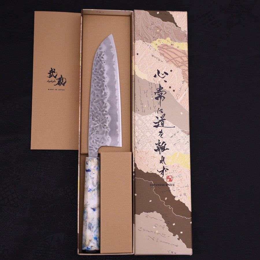 Premium Santoku Knife 165mm - White Steel #1 Stainless Clad with Tsuchime Finish & Ocean White Handle - Japanese Kitchen Knife for Slicing, Dicing & Chopping Vegetables, Fish & Meat