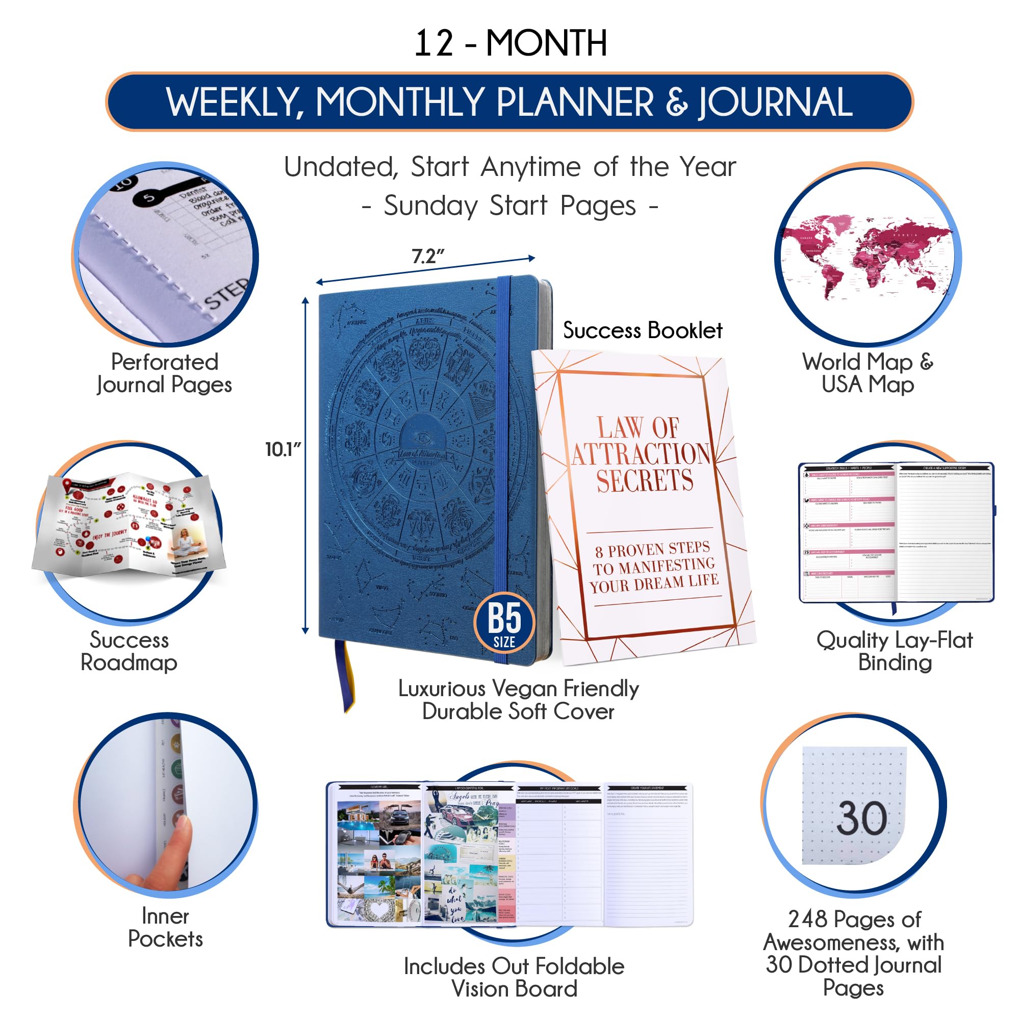 Law of Attraction Planner 2025 – Undated Productivity Planner with Hourly, Weekly & Monthly Goal Setting | 12-Month Life Organizer, Gratitude Journal with Vision Board | Includes Foldable Vision Board, Gift Box & Stickers | Perfect for Manifestation, Self-Improvement & Daily Planning