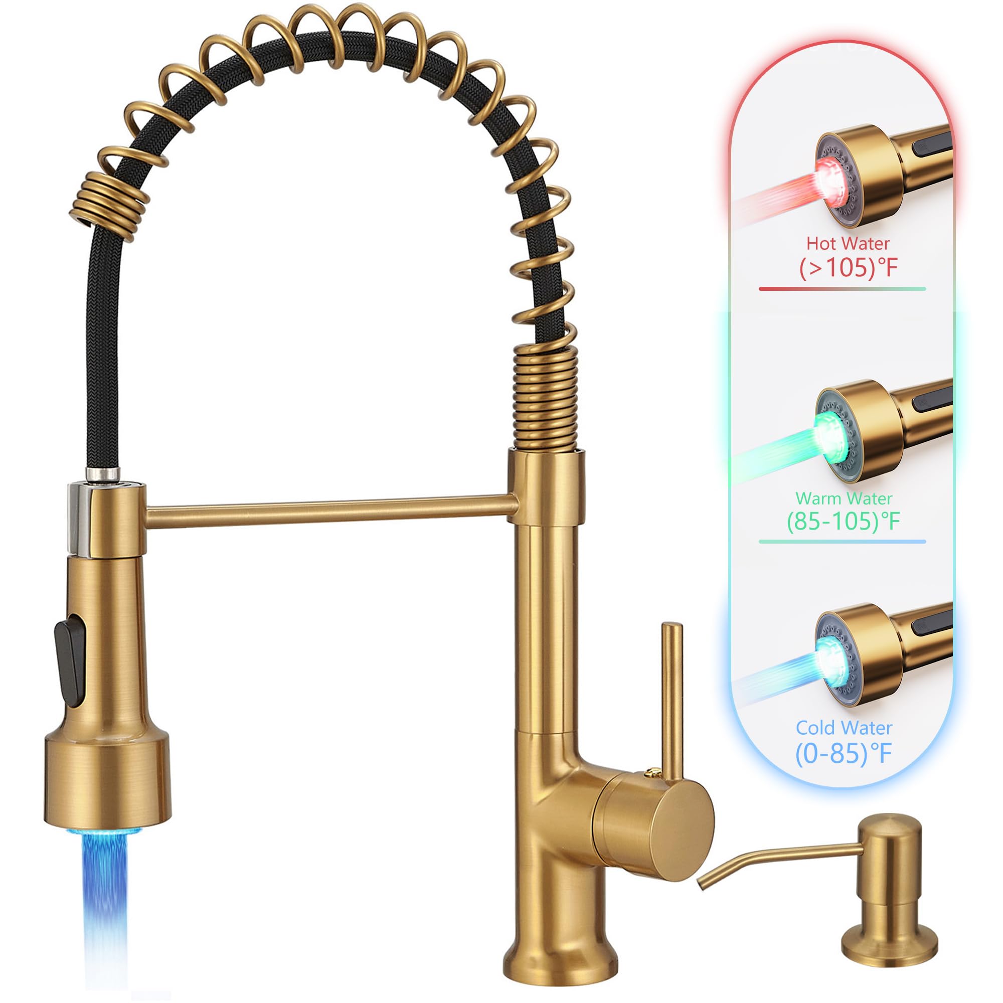 Premium GIMILI Gold LED Kitchen Faucet with Soap Dispenser - Modern Single Handle Pull Down Sprayer Sink Faucet for Contemporary Kitchens | Perfect for Cooking, Washing Dishes & Home Renovation