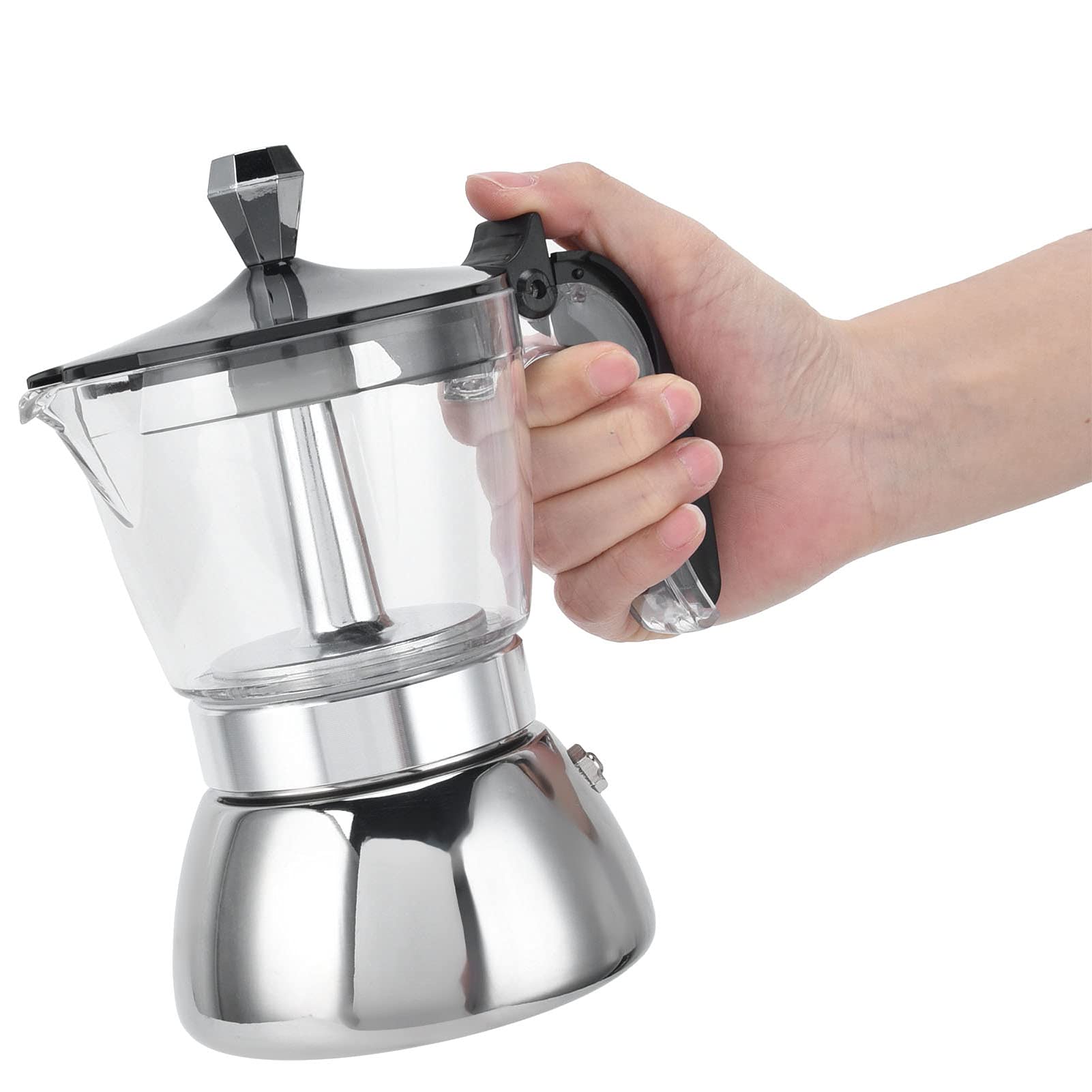 Stainless Steel 4-Cup Moka Pot Coffee Maker with Crystal Glass Top - Stovetop Espresso Maker for Home & Kitchen - Perfect for Espresso, Latte & Cappuccino