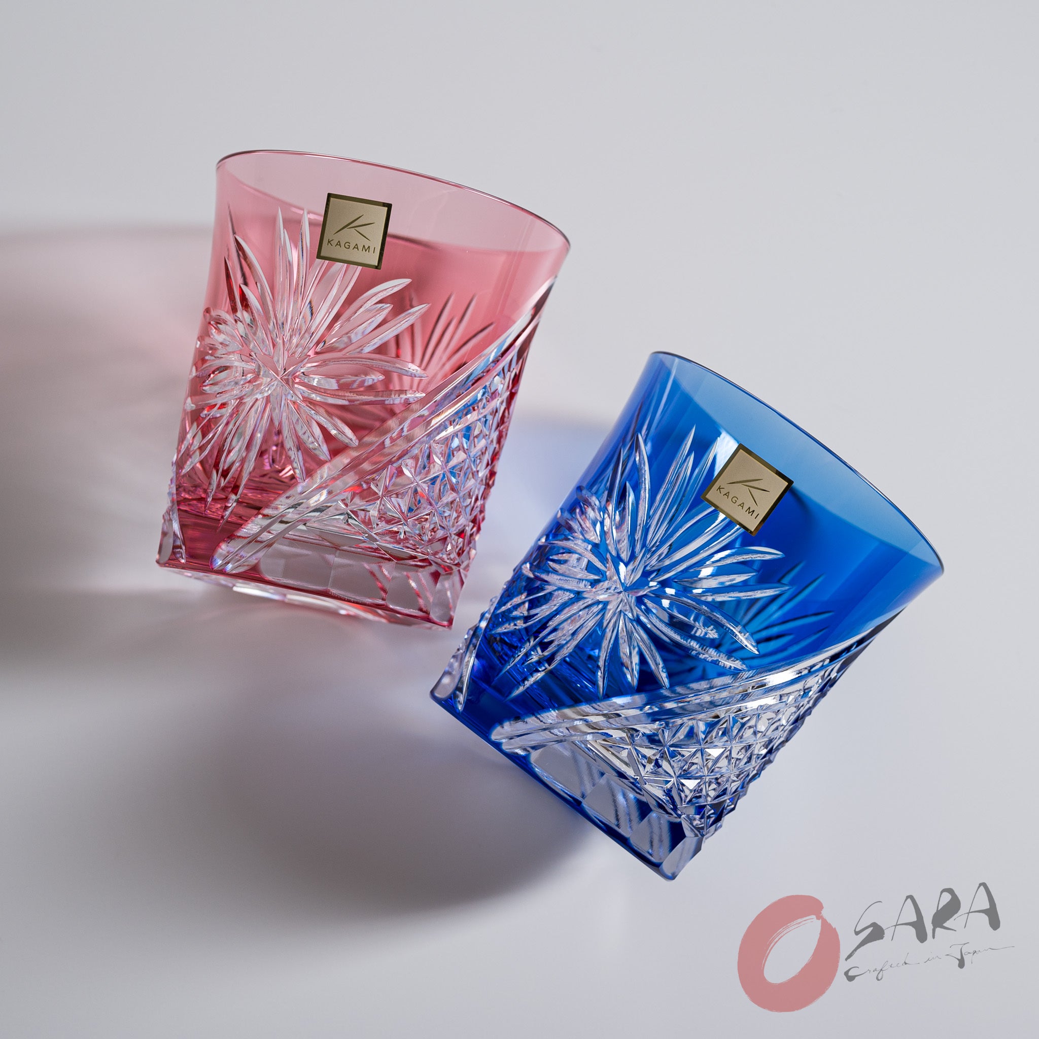 KAGAMI Handcrafted Edo Kiriko Crystal Sake Glasses Set of 2 - Traditional Japanese Cut Glass with Chrysanthemum Pattern - Perfect for Sake Tasting, Japanese Dining & Luxury Gift Giving