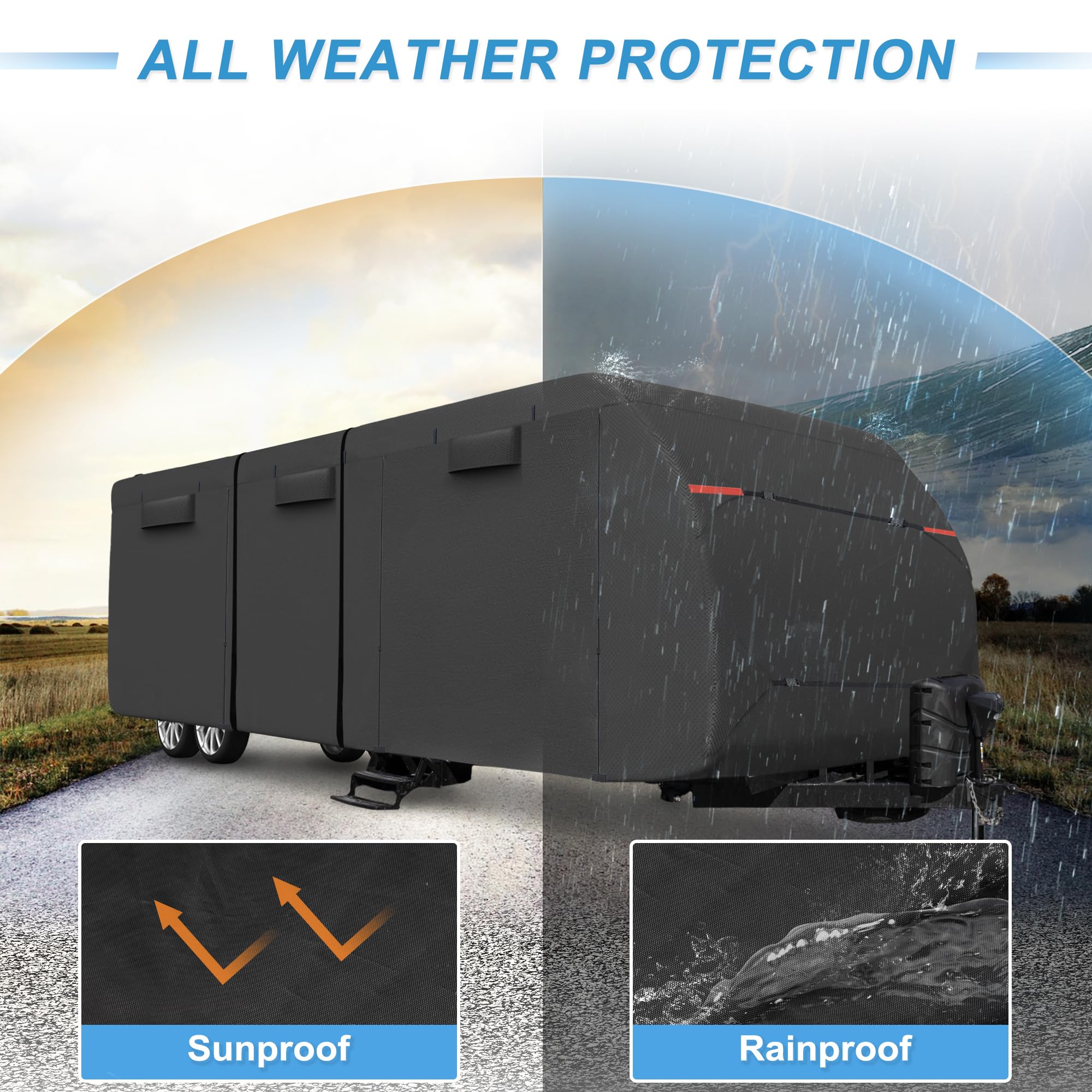 uxcell Waterproof RV Cover for 20'-22' Travel Trailers - Windproof, Anti-UV Camper Cover with Extra Windproof Ropes & Gutter Covers - All Season Protection (Black) - Perfect for Outdoor Storage, Camping & Travel