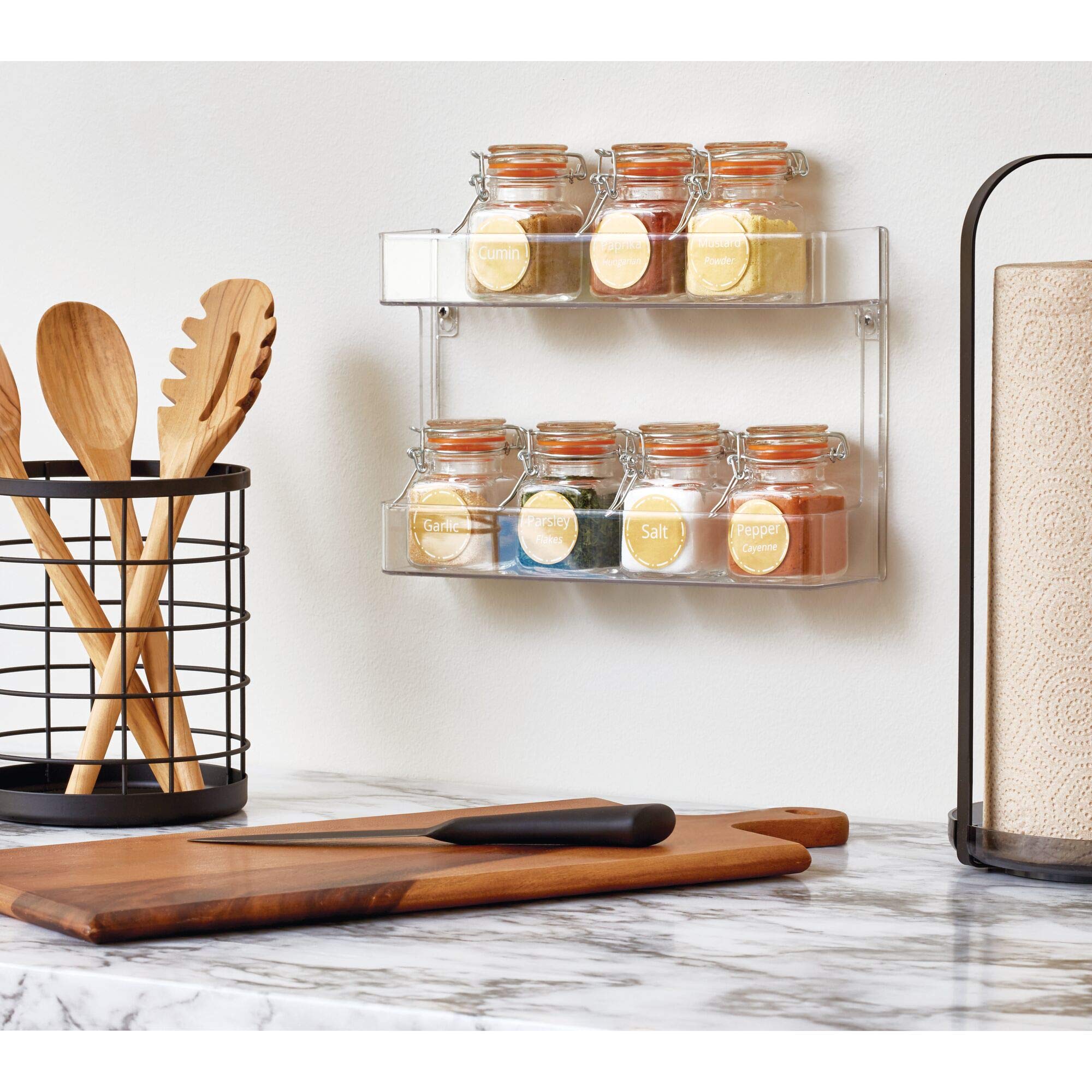 iDesign Linus Plastic Wall Mount Spice Rack Organizer - 2-Tier Shelf for Kitchen Pantry, Cabinet, Countertop, Bathroom Vanity & Office (2.62