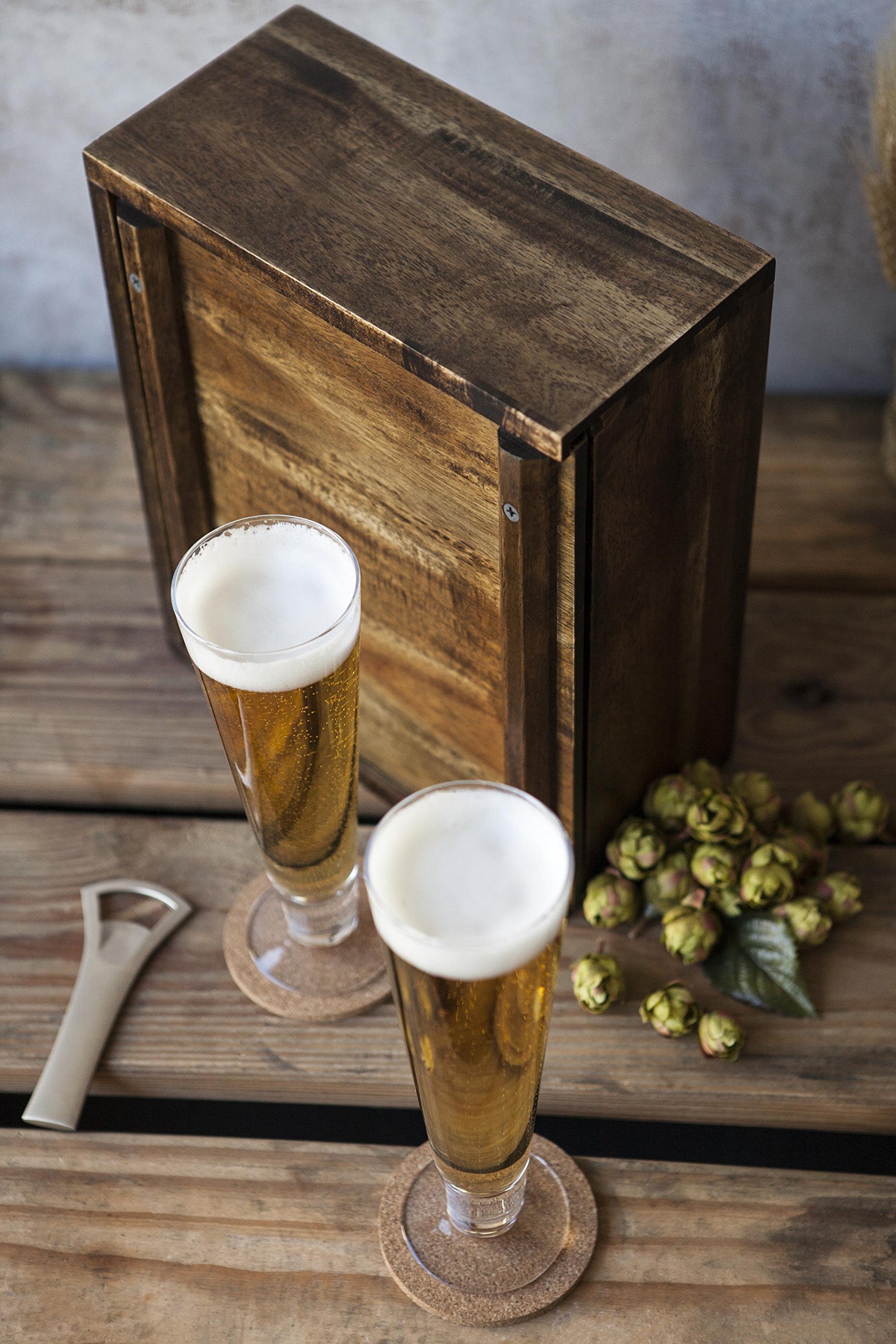 PICNIC TIME - Acacia Wood Pilsner Craft Beer Set with 2 Premium Beer Glasses - Perfect Gift for Beer Enthusiasts - Ideal for Outdoor BBQs, Parties & Home Bar Decor