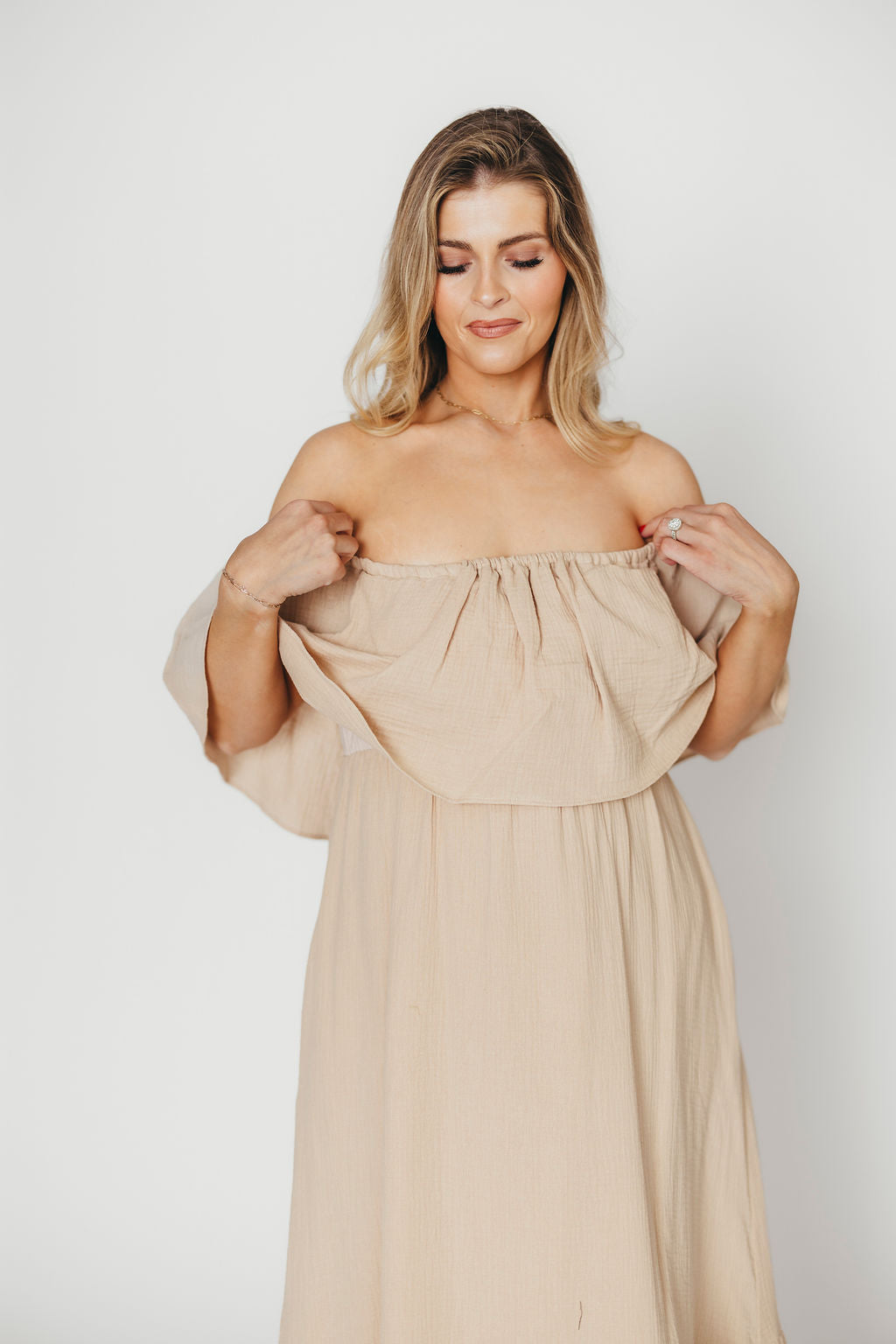 Josie 100% Cotton Maxi Dress in Beige - Bump & Nursing Friendly Maternity Dress for Pregnancy & Breastfeeding | Perfect for Casual Outings, Baby Showers & Nursing Comfort