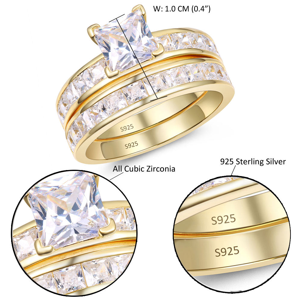 MABELLA 14K Gold Plated Wedding Ring Set for Women - Sterling Silver Princess Cut Cubic Zirconia Bridal Jewelry Set, Stainless Steel Band for Men - Perfect for Engagement, Anniversary & Special Occasions