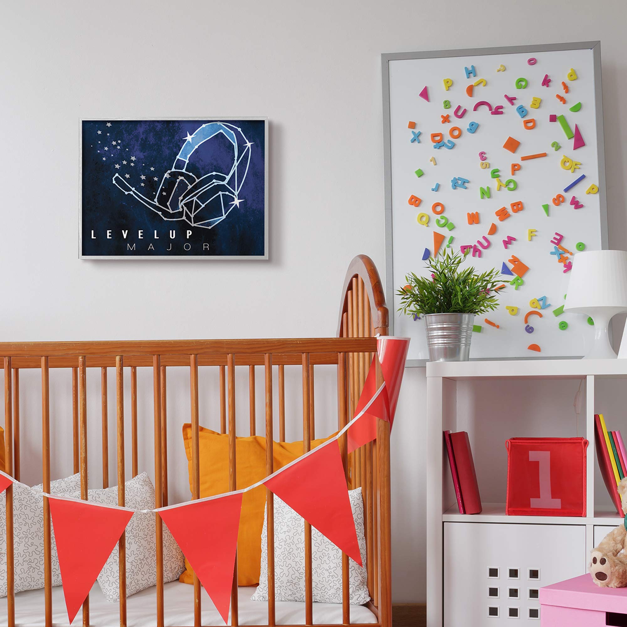 Stupell Industries Level Up Gaming Quote Wall Art - Gray Framed Space Stars Headset Design by Daphne Polselli - 16x20 Inches Off-White - Perfect for Gamers Room Decor & Office Wall Art
