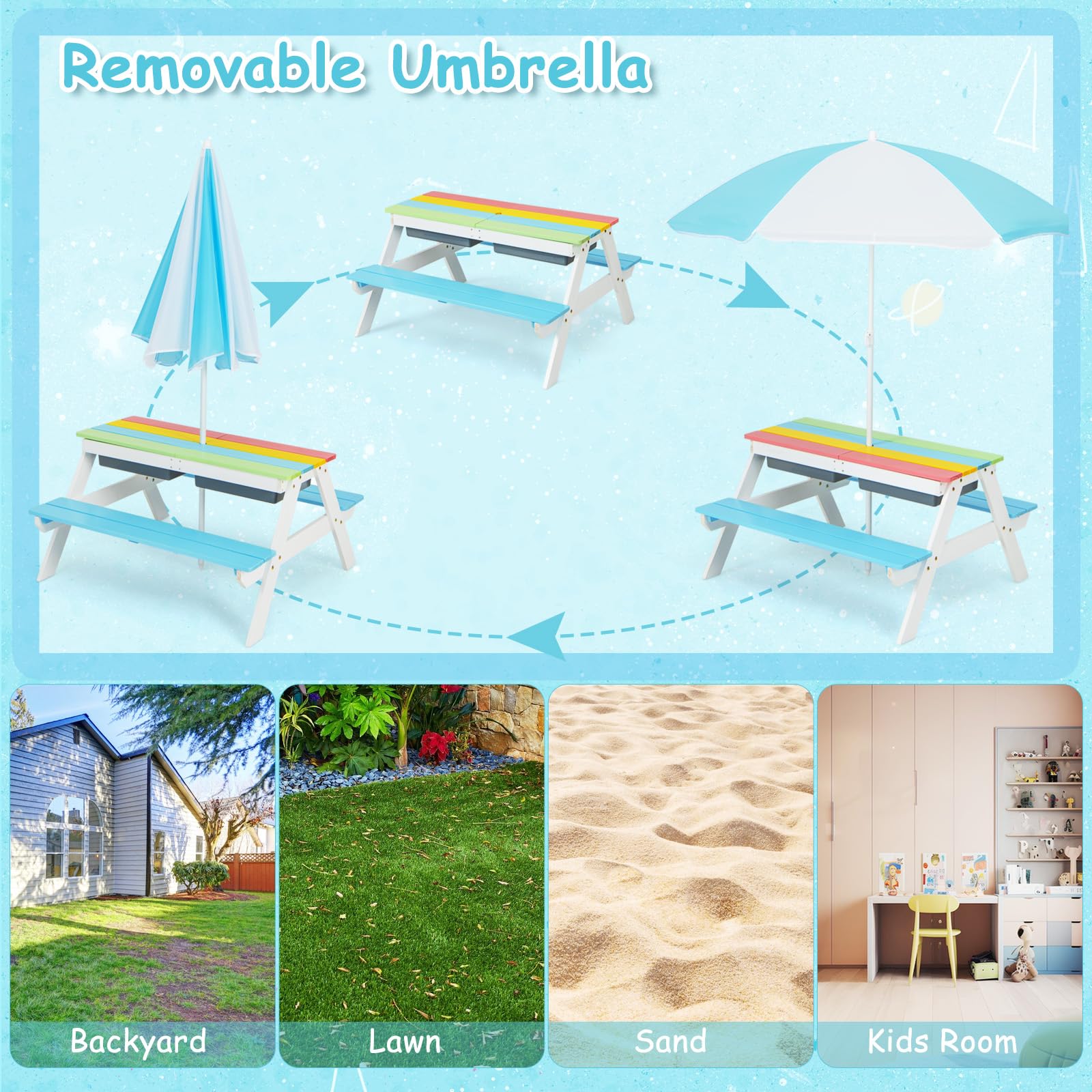 Olakids 4-in-1 Kids Picnic Table Set - Outdoor Wooden Toddler Activity Table with Sand & Water Play, Removable Umbrella & Bench Chairs - Perfect for Patio, Garden, Backyard & Playtime Fun