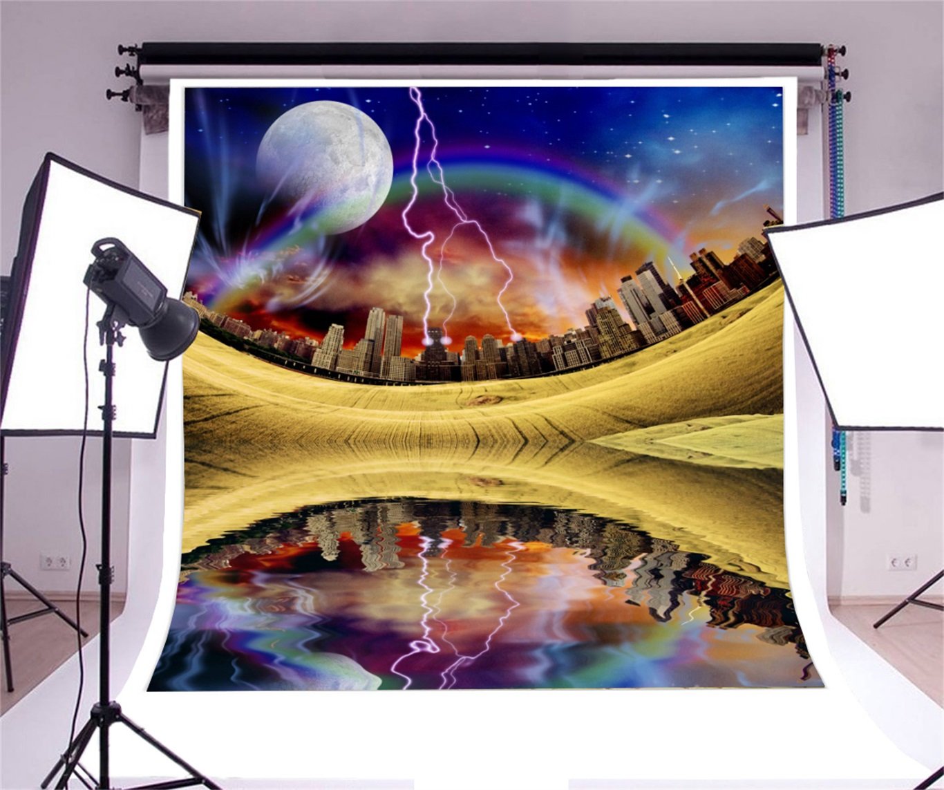 Fantasy City Buildings & Starry Sky Backdrop - 8x8ft Photography Background for Urban Landscape, Lake Reflection, Studio Props - Vinyl Wallpaper for Kids & Adults - Perfect for Portraits, Themed Parties, and Creative Photo Shoots