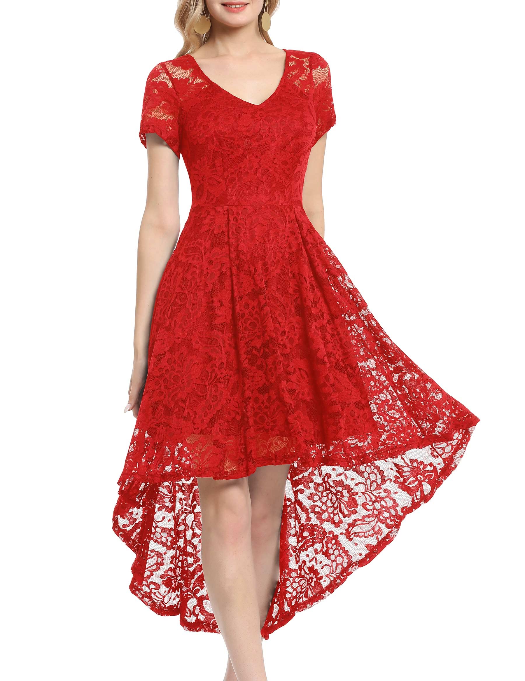 MUADRESS Women's Vintage Floral Lace Cocktail Dress - V Neck Hi-Lo Party Dress for Evening Events, Weddings & Special Occasions
