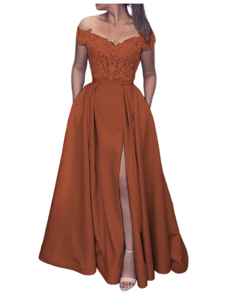 Zhangyo Women's Off Shoulder Long Prom Dress - Elegant Satin Sweetheart Neckline Formal Gown with Thigh High Slit & Lace Detailing | Perfect for Evening Parties, Homecoming, Wedding Guest & Special Occasions