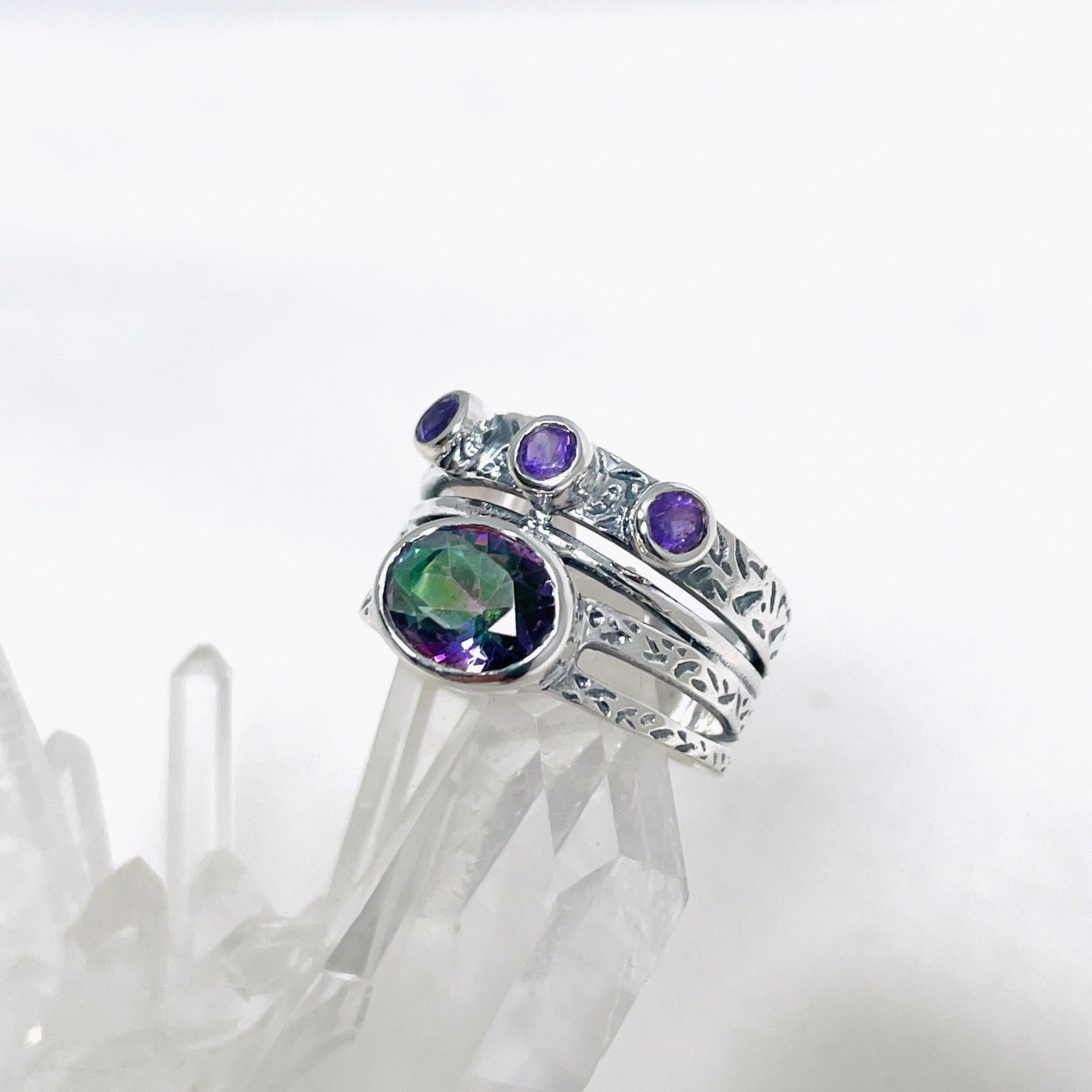 Faceted Mystic Topaz & Amethyst Gemstone Ring R3783 - Elegant Jewelry for Women, Perfect for Weddings, Parties & Special Occasions