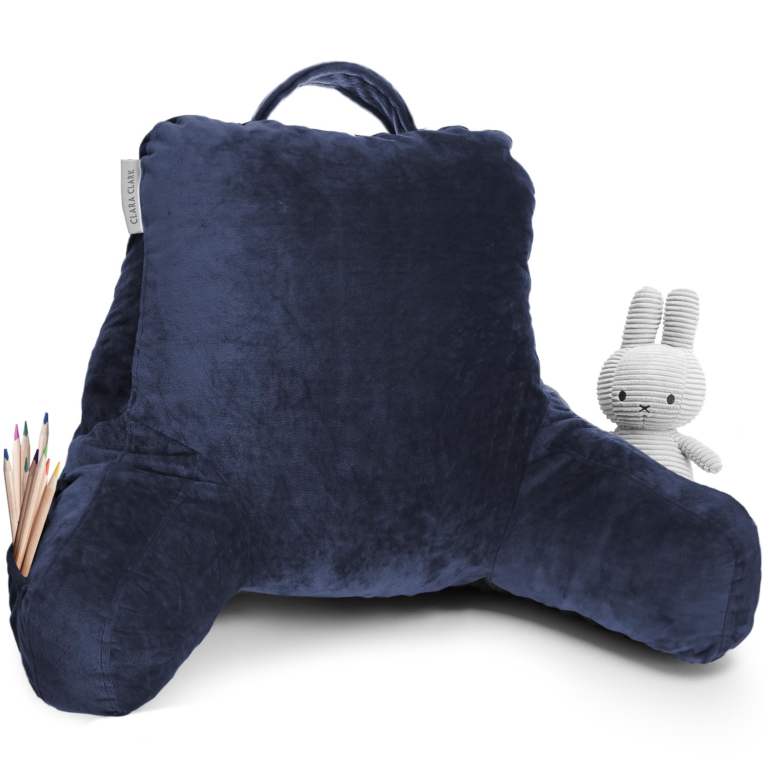Clara Clark Kids Reading Pillow - Memory Foam Back Support Cushion with Arms & Pockets for Sitting in Bed - Navy Blue Gaming Pillow for Children's Bedroom, Study & Relaxation