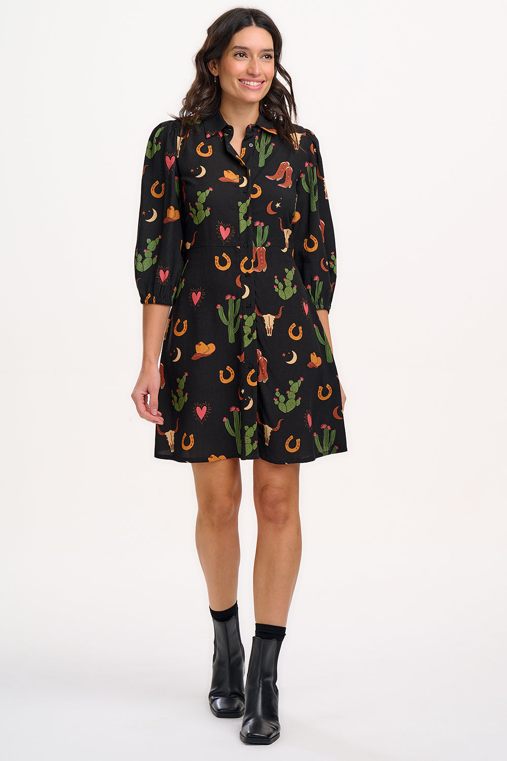 Mildred Shirt Dress for Women - Black Cowgirl Print Flowy Tunic Top - Perfect for Western Style, Casual Outfits and Country Music Festivals